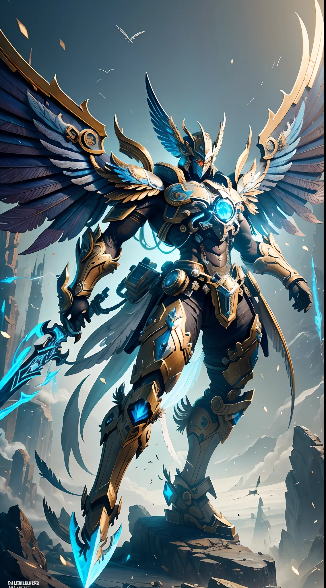 Steampunk style, cold color, cinematic effect, futuristic sci-fi mecha God of War, white-gold mecha metal luster is strong, the back is flanked by metallic wings, the wings are feathers, the wings are layered, holding the blue Fang Tian Painting Halberd, Fang Tian Painting Halberd particle light, Fang Tian Painting Halberd particle special effects, aesthetic, scattered, combat posture, combat posture display, super details, delicate details of the face, red eyes, clear outline, facial close-up, perfect details, 8K, top painting, feature article, Studio environment, Concept art, epic composition, with HD detail, metallic texture and tension composition, hyper-realistic, ultra-realistic, rich in detail, 3D. C4D,