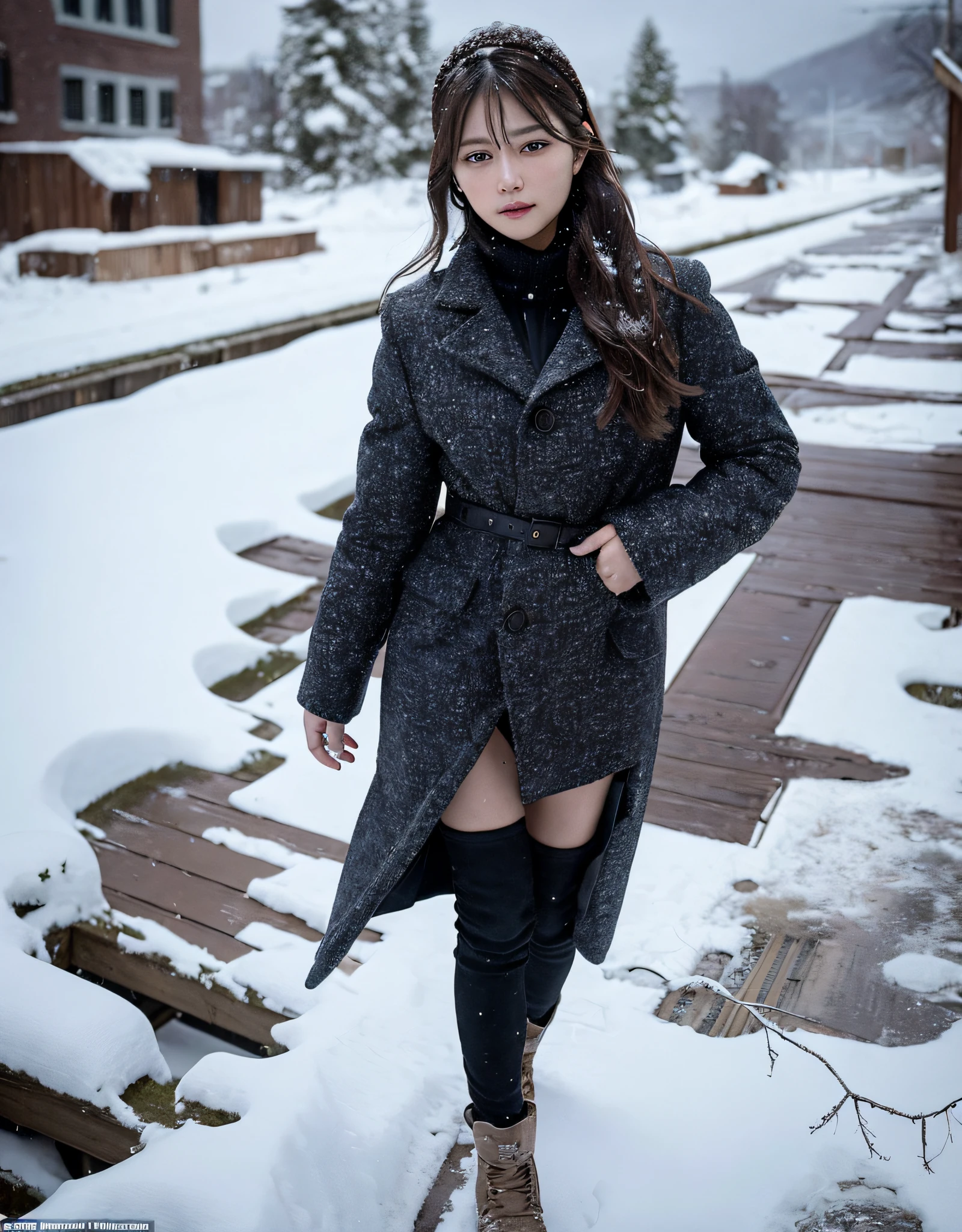 In an abandoned city covered with white snow, a beautiful woman is running away with an exhausted expression. In the rubble, her eyes speak of loneliness and anguish reflected in her eyes, and her dirty face becomes more and more colored by the cold wind and snow. In the desolate ruins, her body is riddled with scars, and her torn clothes sway in time with her movements, tossed in the wind. Blood splashes and snow mingle and scars speak of her harsh fate. However, those scars further enhance her beauty and show her inner strength and fortitude. Her footprints remain in the snow, but her presence breaks the silence of the ruins and heralds the arrival of the brave. Her fleeing figure is a momentary beauty in her journey in pursuit of the light of hope. Its beauty is by no means perfect, but therefore symbolizes her humanity and will to struggle. In the snowy ruins, the sight of a beautiful woman escaping while being hurt makes us feel both the fragility of life and the beauty of it. Her arduous journey is portrayed as an artistic spectacle that reminds the viewer of hope and courage.