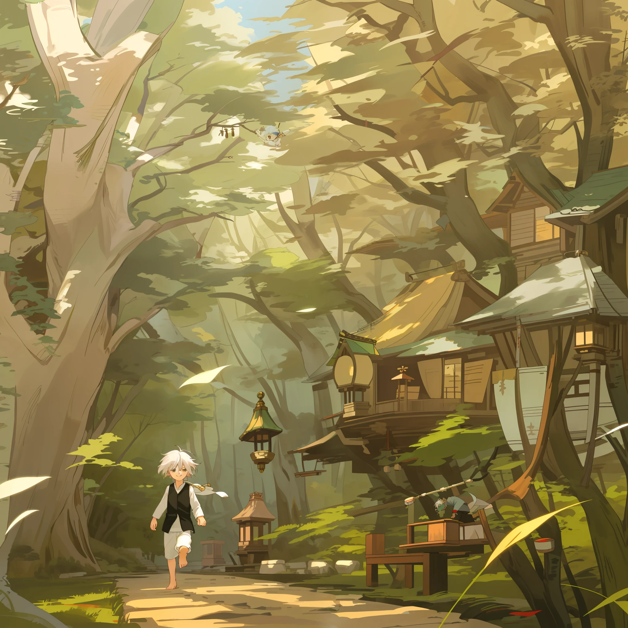 White-haired and barefoot Shota smiled and ran through the woods covered with wind chimes