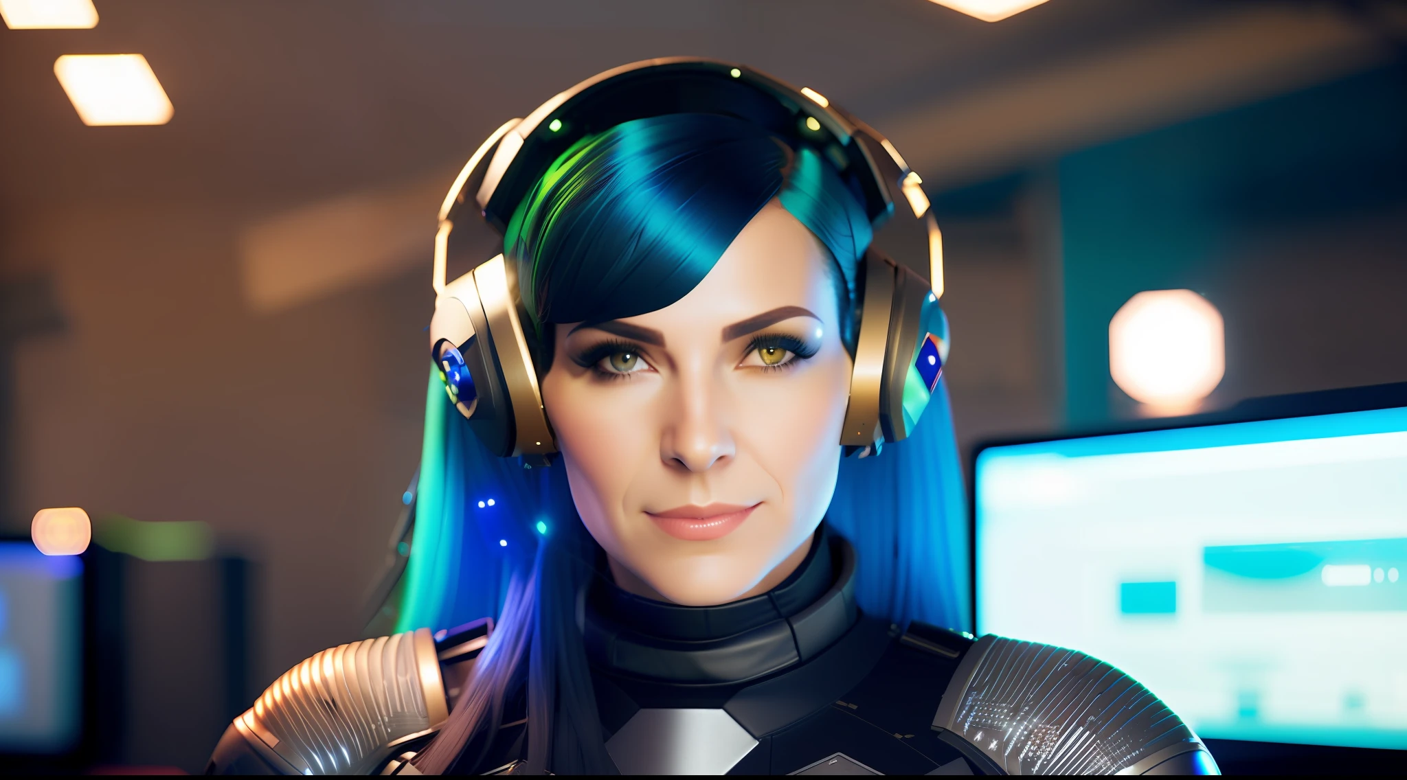 fking_scifi, award-winning photo of a woman, green costume with gold and diamond details, blue hair, (gray eyes: 10.35), vintage chin, Claudia Raia, in a room full of advanced technology with various super computers, bokeh, mass effect, close-up, fking_cinema_v2