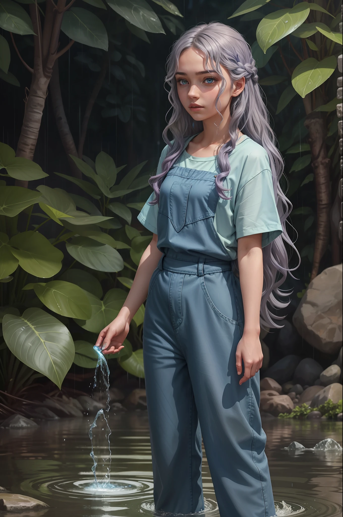 A wizard girl with gray eyes and blue wavy hair, standing in the rain, lots of greenery around her, she controls water like a wizard of the elements. she is wearing a pastel purple t-shirt and denim jumpsuit