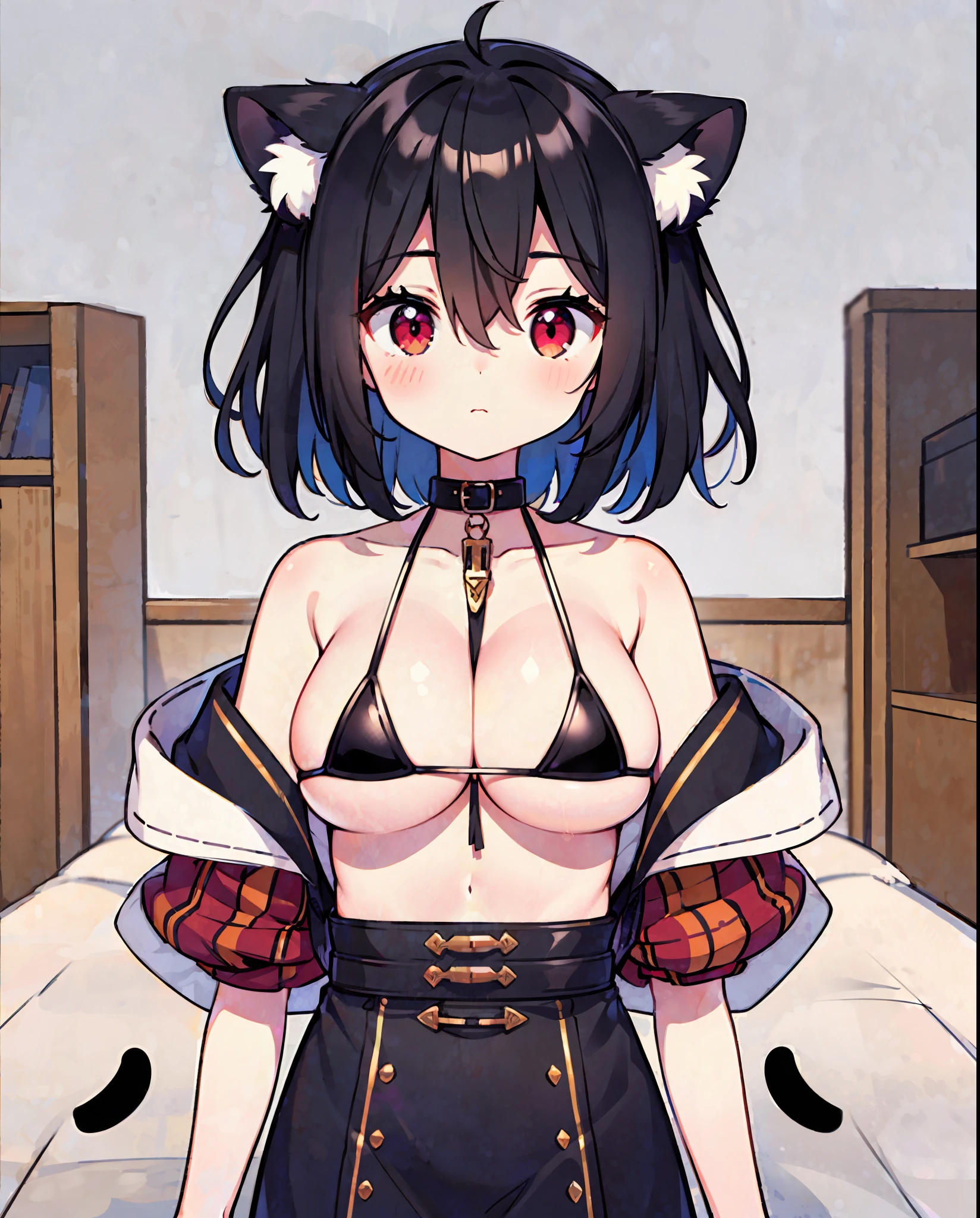 1girl,cat ears ,black hair ,red eyes ,short hair ,messy hair,hair between eyes ,(half body ,standing ,micro bikini ,sleeveless ,bare shoulders ,big boobs ,cleavage)
