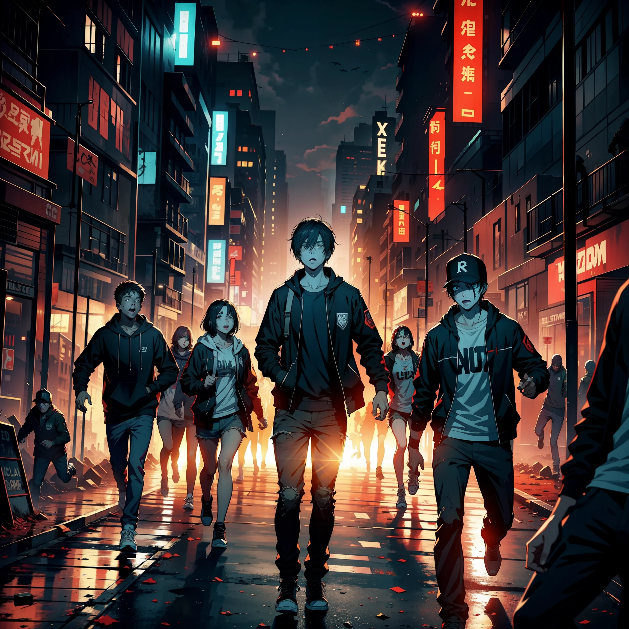 A group of young people in casual clothes are chased by a group of zombies, corruption, desolation, city, 8k, high quality, high resolution