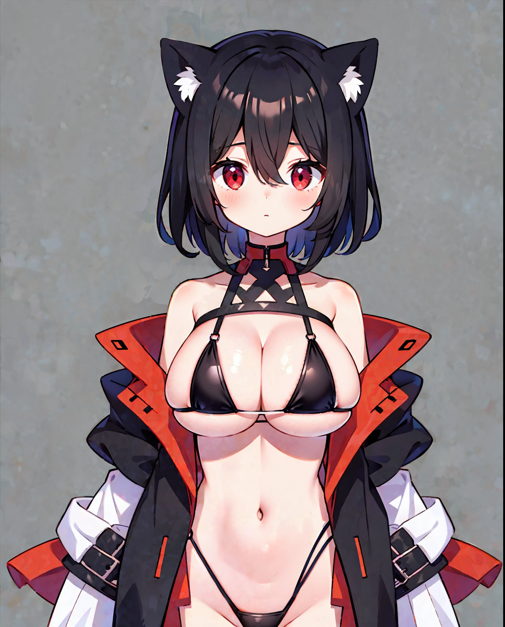 1girl,cat ears ,black hair ,red eyes ,short hair ,messy hair,hair between eyes ,(half body ,standing ,micro bikini ,sleeveless ,bare shoulders ,big boobs ,cleavage)