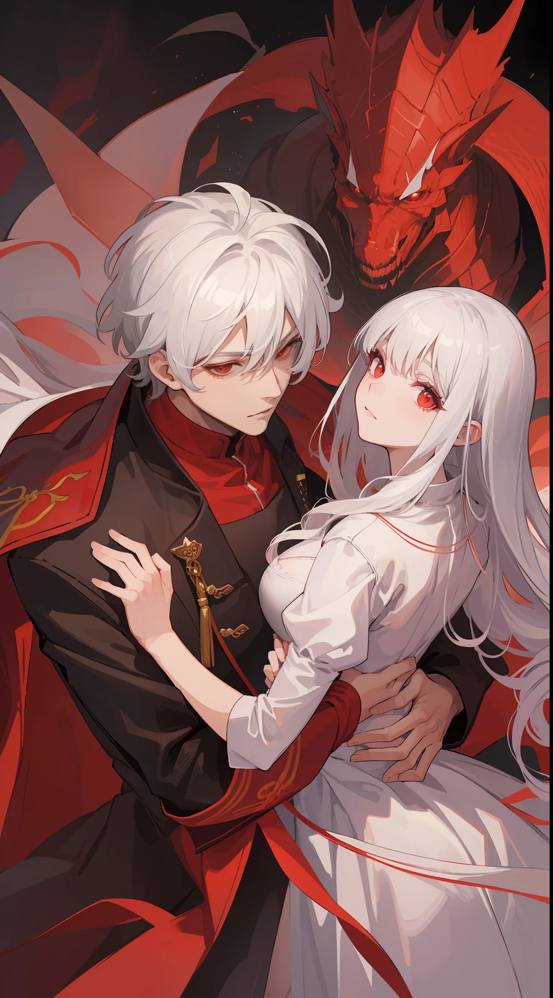 1man, sharp red eyes with sharp pupils, white sharp hair and he was wearing the demon king robes and holding his daughter and with his wife ((41 year old face))