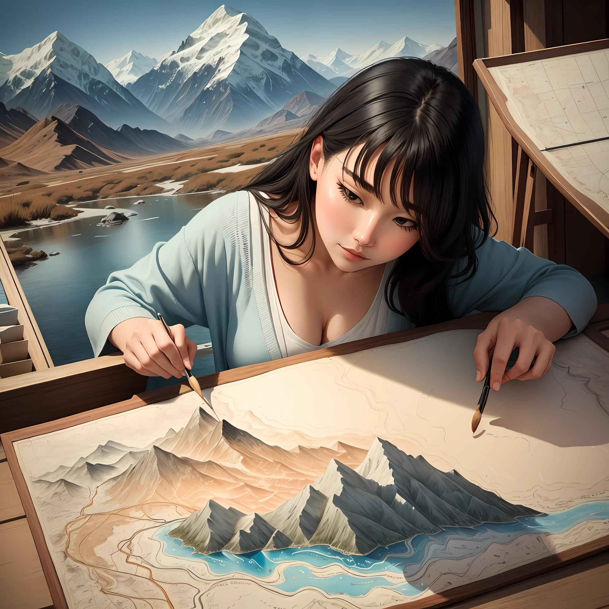 In a quiet room, a woman sits at a wooden table on which a wide map unfolds. She stared intently at the rich geographical features and lines on the map, holding a slender brush in her hand. The woman's eyes were bright and focused, and she carefully observed the mountains, rivers and lakes on the map, as if she was talking to the earth. She gently dipped in dark blue ink and tapped her brush on the peaks on the map. As the brush moves across the map, the woman takes a dancing gesture with which the contours of mountain peaks are outlined, depicting the texture of mountains and the curves of valleys. Each stroke is filled with her passion and love, as if she unites her heart with the earth. With a flick of her wrist, the brush left bright ink marks on the map, as if the scenery on the map was illuminated. Based on the geographical shapes in her memory, combined with her imagination, she gradually outlined mountains and rivers. Over time, the whole map came alive. She uses ink of varying shades to outline the undulations of the mountains and delicate and soft lines to depict the curves of the river. Every stroke is filled with her love and awe for nature. The woman's brow furrowed slightly, and she stopped the brush in her hand to carefully examine her work. She felt that it wasn't perfect, so she immersed herself in the creative process again. She uses her brush to delicately outline the texture of the mountains, inject more detail into the rivers, and make the scenery on the map more realistic and full. Finally, when her red-lipped and white-toothed mountain touched the edge of the map, she put down her brush with satisfaction. Under her creation, the calm map becomes vivid, as if ushering in a new life. She gazed at this artwork painted with a brush and felt the joy and sense of accomplishment of creation. This woman brings her love and passion to this map, and her work will show the world the magnificent view of Natu