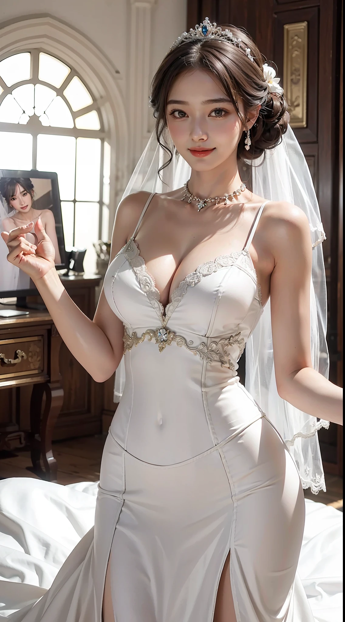1 girl, smile, shiny skin, delicate face, best quality, masterpiece, (realistic: 1.4), wedding dress, random hairstyle, perfect figure, big breasts, princess