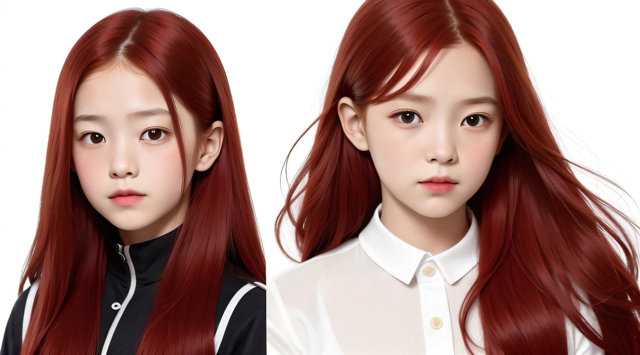 masterpiece, best quality, realistic, girl with RED hair, long hair, broad shoulders, small head, upper body, (white background: 1.3), mouth closed.