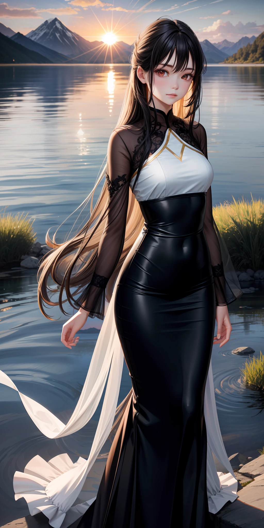 1 girl, serene expression, mesmerizing eyes, long straight hair, flowing dress, balanced posture, porcelain skin, subtle blush, (rim lighting): 1.2, warm tones, sun reflection, soft shadows, vibrant colors, pictorial effect, dreamy atmosphere BREAK scenic lake, distant mountains, willow, calm water, reflection, sunlit clouds, tranquil environment, idyllic sunset, ultra detailed,  official art, unity 8k wallpaper, black hair, dress, red eyes, ninja, gothic