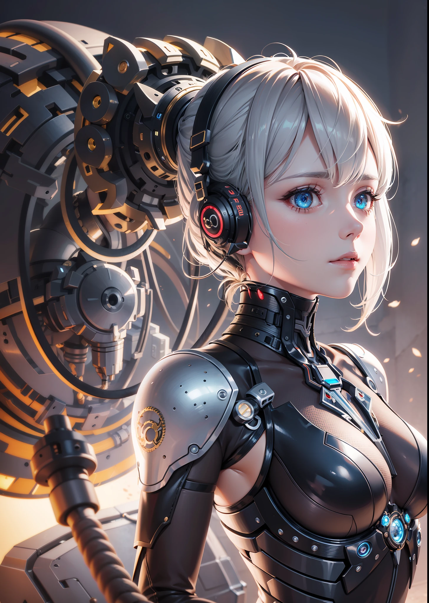 1mechanical girl,ultra realistic details, (portrait), global illumination, shadows, octane render, 8k, ultra sharp,intricate, ornaments detailed, cold colors, metal, egypician detail, highly intricate details, realistic light, trending on cgsociety, glowing eyes, facing camera, neon details, machanical limbs,blood vessels connected to tubes,mechanical vertebra attaching to back,mechanical cervial attaching to neck,sitting,wires and cables connecting to head,
