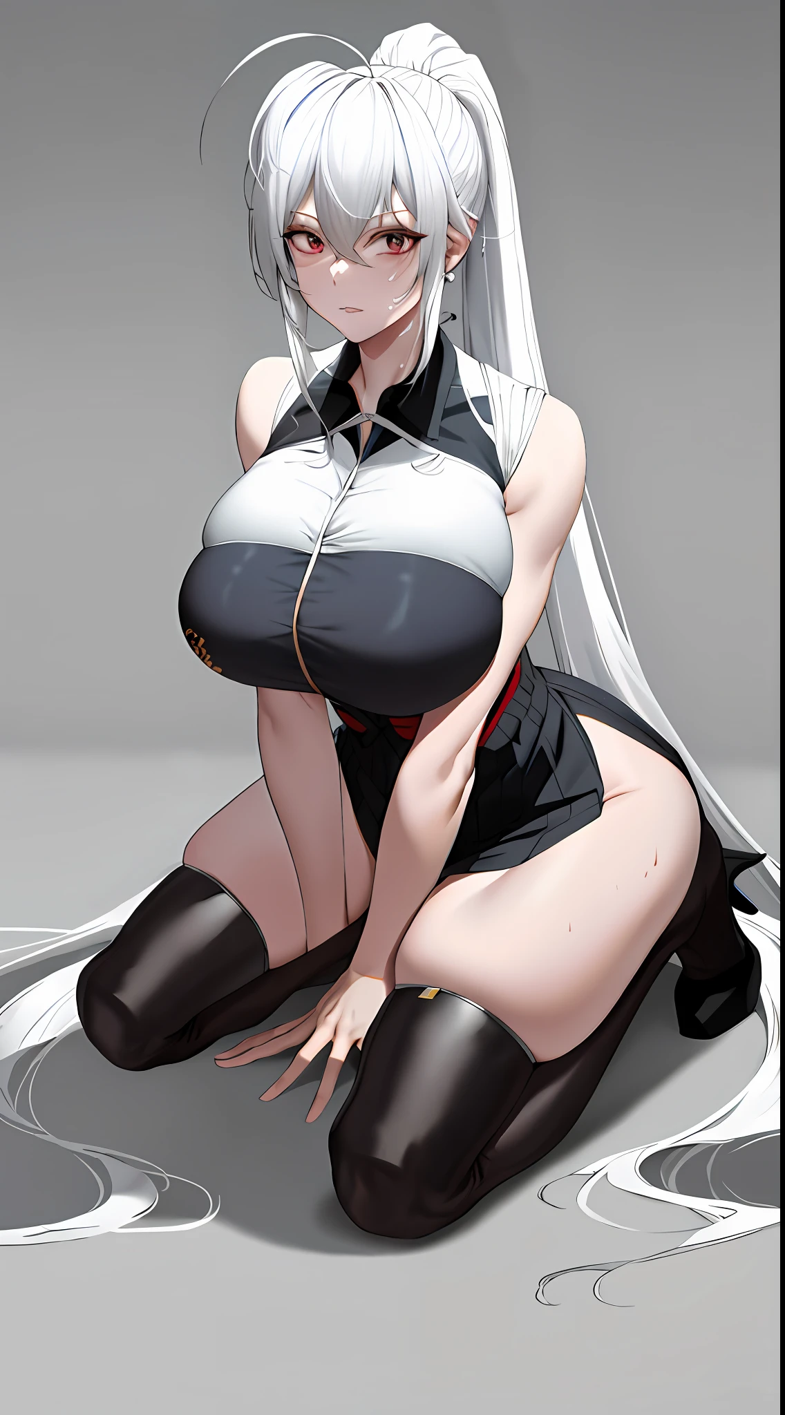 Two-dimensional, white-haired mature woman, long hair, double ponytail, tall figure, big chest, uniform, black silk, high heels, thin waist, long legs, thin legs, bare shoulders, bare legs, bare chest, super clear, a lot of details, kneeling, drenched, sweaty