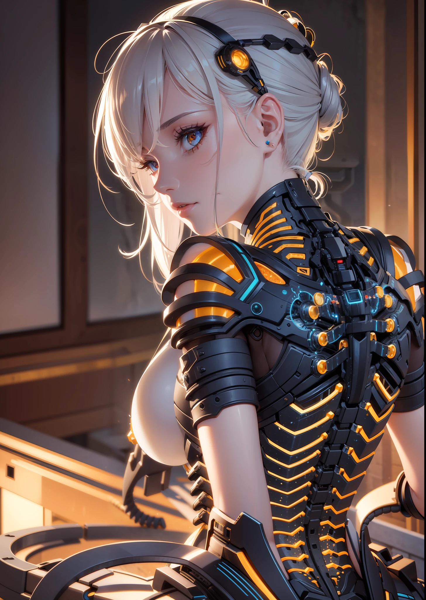 1mechanical girl,ultra realistic details, (portrait), global illumination, shadows, octane render, 8k, ultra sharp,intricate, ornaments detailed, cold colors, metal, egypician detail, highly intricate details, realistic light, trending on cgsociety, glowing eyes, facing camera, neon details, machanical limbs,blood vessels connected to tubes,mechanical vertebra attaching to back,mechanical cervial attaching to neck,sitting,wires and cables connecting to head,