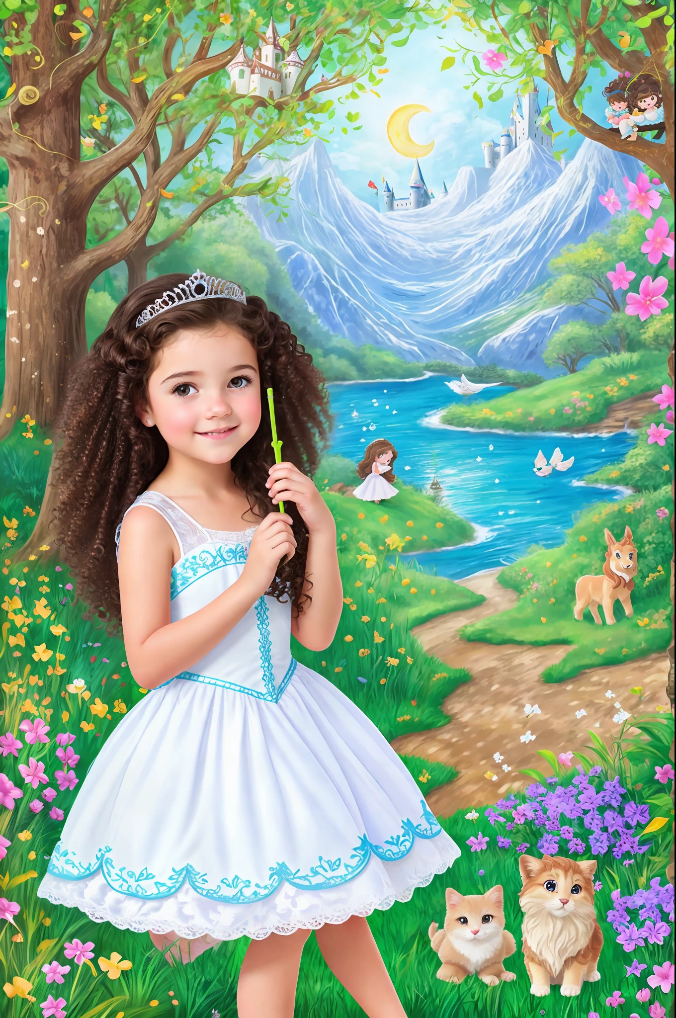 Create a  princess, brunette, brown eyes, curly hair, design, best quality, surrounded by enchanted animals, with a castle in the background behind the woods