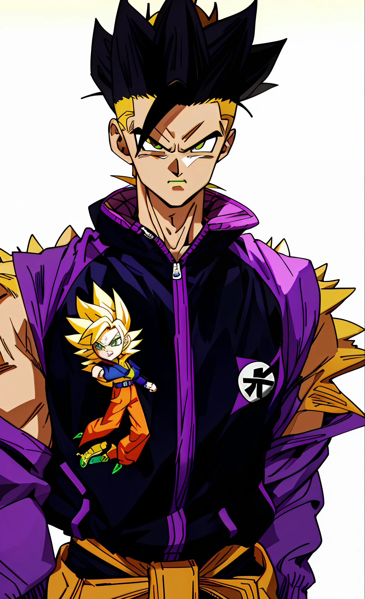 super saiyan hair, SSJ, spiky hair, yellow hair:1.5, green lipstick, purple jacket, hoodie, bears on arms, yellow belt, yellow S, expressionless, hd, highres