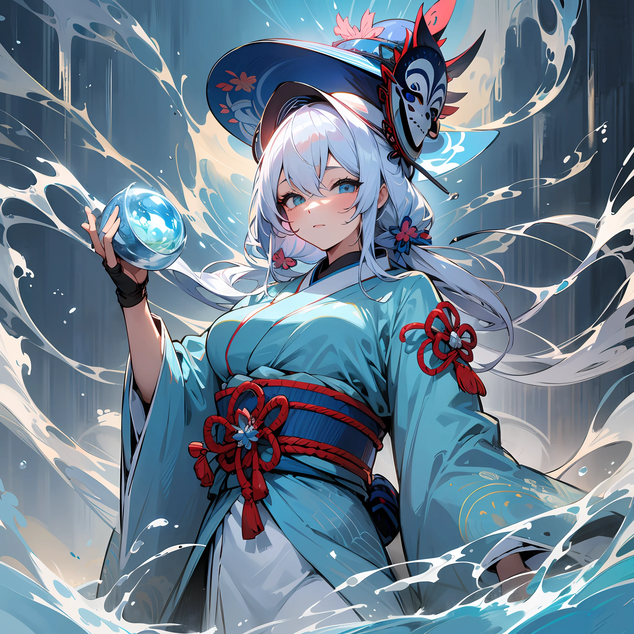 Create a WOMAN with a beautiful body, all face covered by a MASK that covers everything, water power, surrounded by water, light blue kimono and a White samurai hat --auto --s2