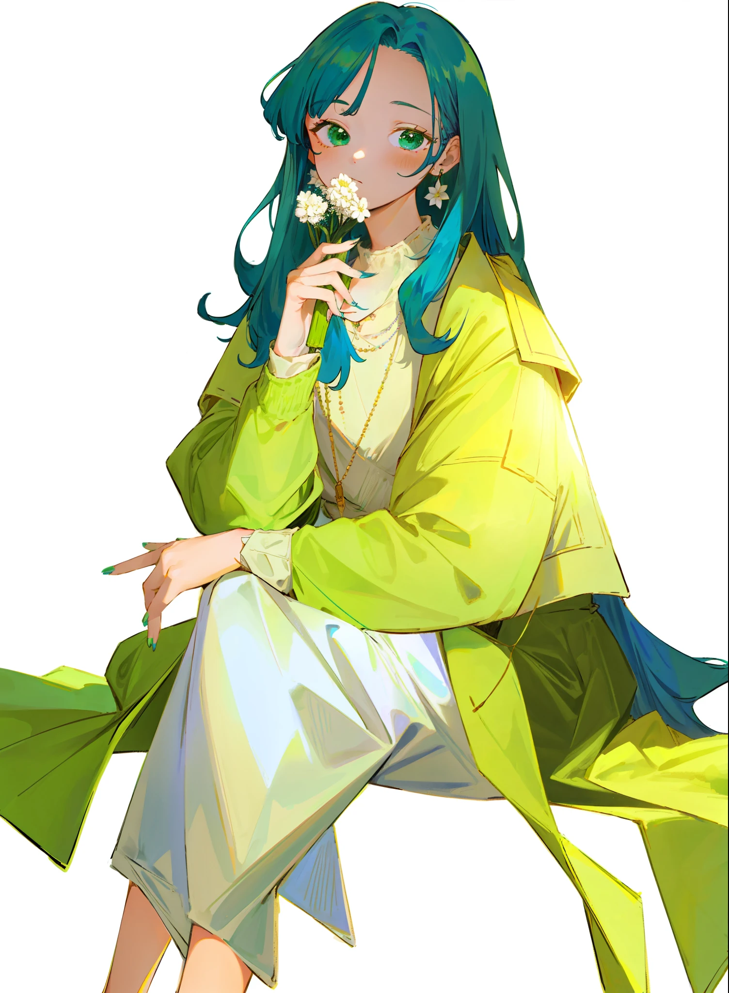 1girl, solo, long hair, jewelry, green nails, skirt, earrings, flower, blue hair, holding flower, necklace, holding, simple background, white flower, sitting, jacket, long sleeves, white skirt, shirt, green shirt, looking at viewer, green eyes, white jacket, nail polish,