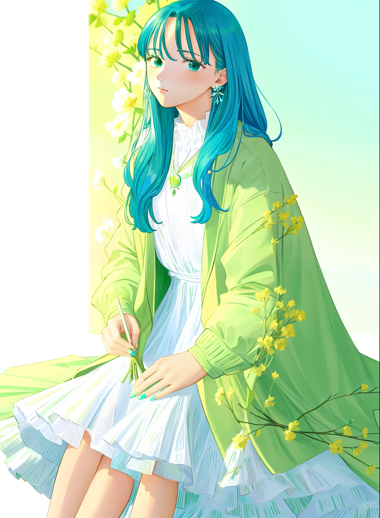 1girl, solo, long hair, jewelry, green nails, skirt, earrings, flower, blue hair, holding flower, necklace, holding, simple background, white flower, sitting, jacket, long sleeves, white skirt, shirt, green shirt, looking at viewer, green eyes, white jacket, nail polish,