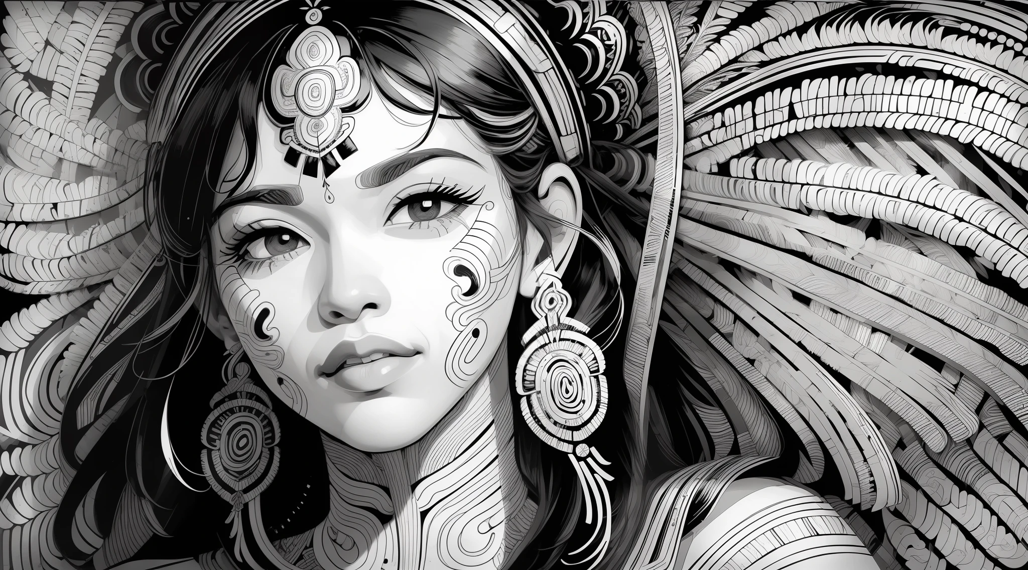 indigena brasileiro((Brasil))((lineArt:1.5)), masterpiece, exuberant, severe expression, indigenous painting, amazon rainforest, ultra detailed, lush environment, character portrait, adhesive t-shirt design, retro comic, black and white