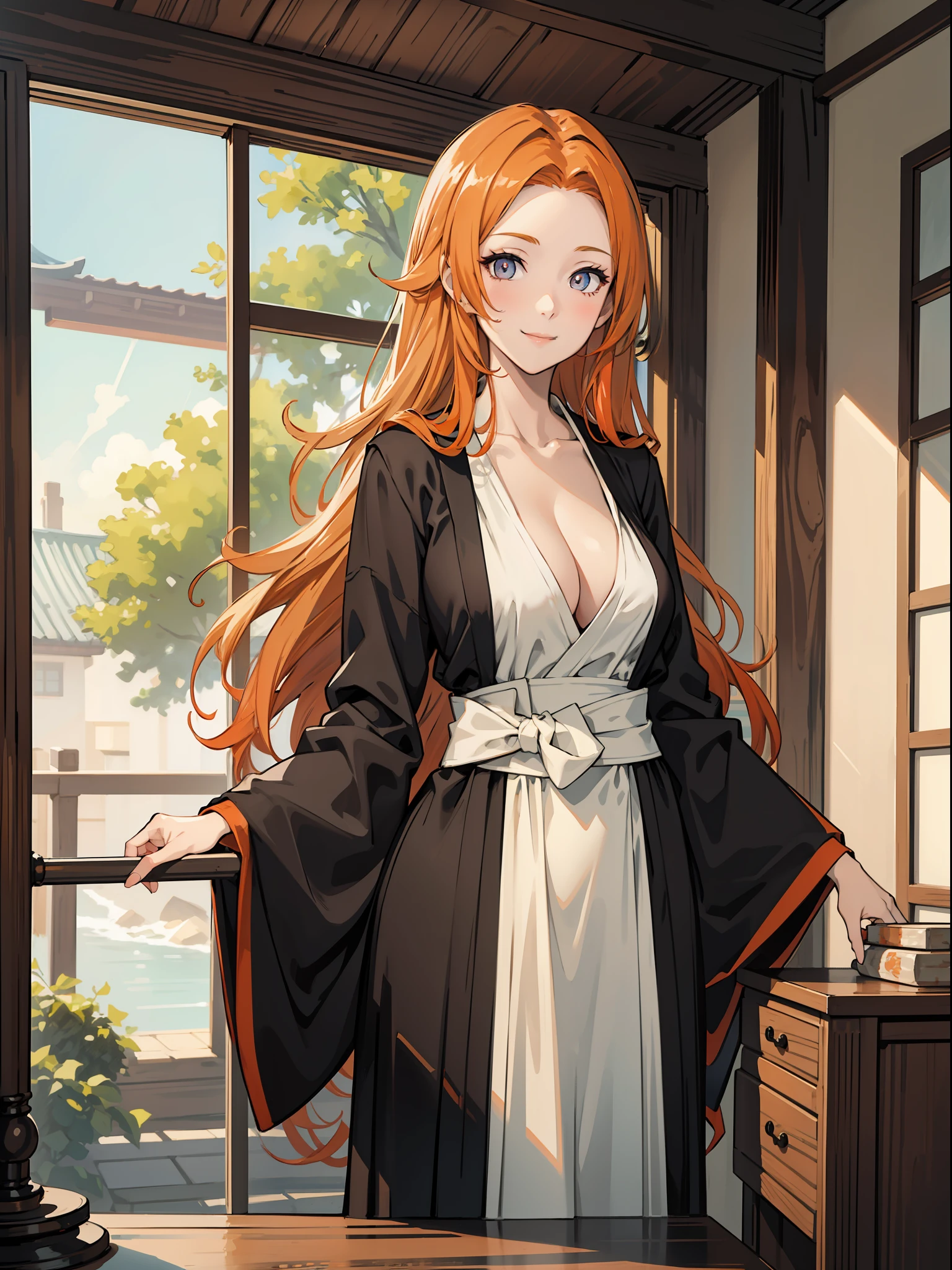 Masterpiece,best quality,line weight ,illustration,1girl, orange hair, long hair, beautiful dress, black kimono,white strap,beautiful eyes,((bend forward)), cleavage visible, indoor, hospital bed, stestoscope around neck, smiling, intricate, details, illustration,