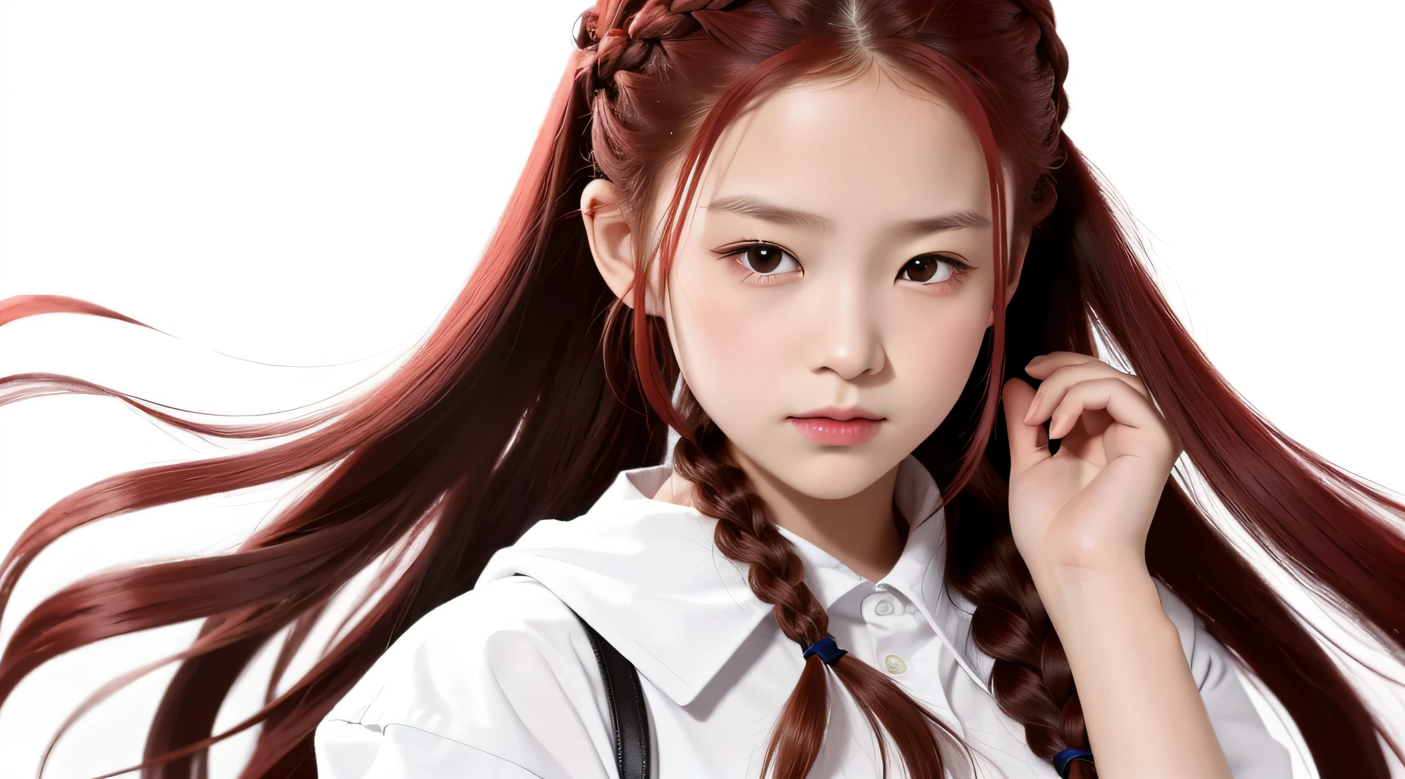 masterpiece, best quality, realistic, girl hair RED OF BRAIDS , long hair, broad shoulders, small head, upper body, (white background: 1.3), mouth closed.
