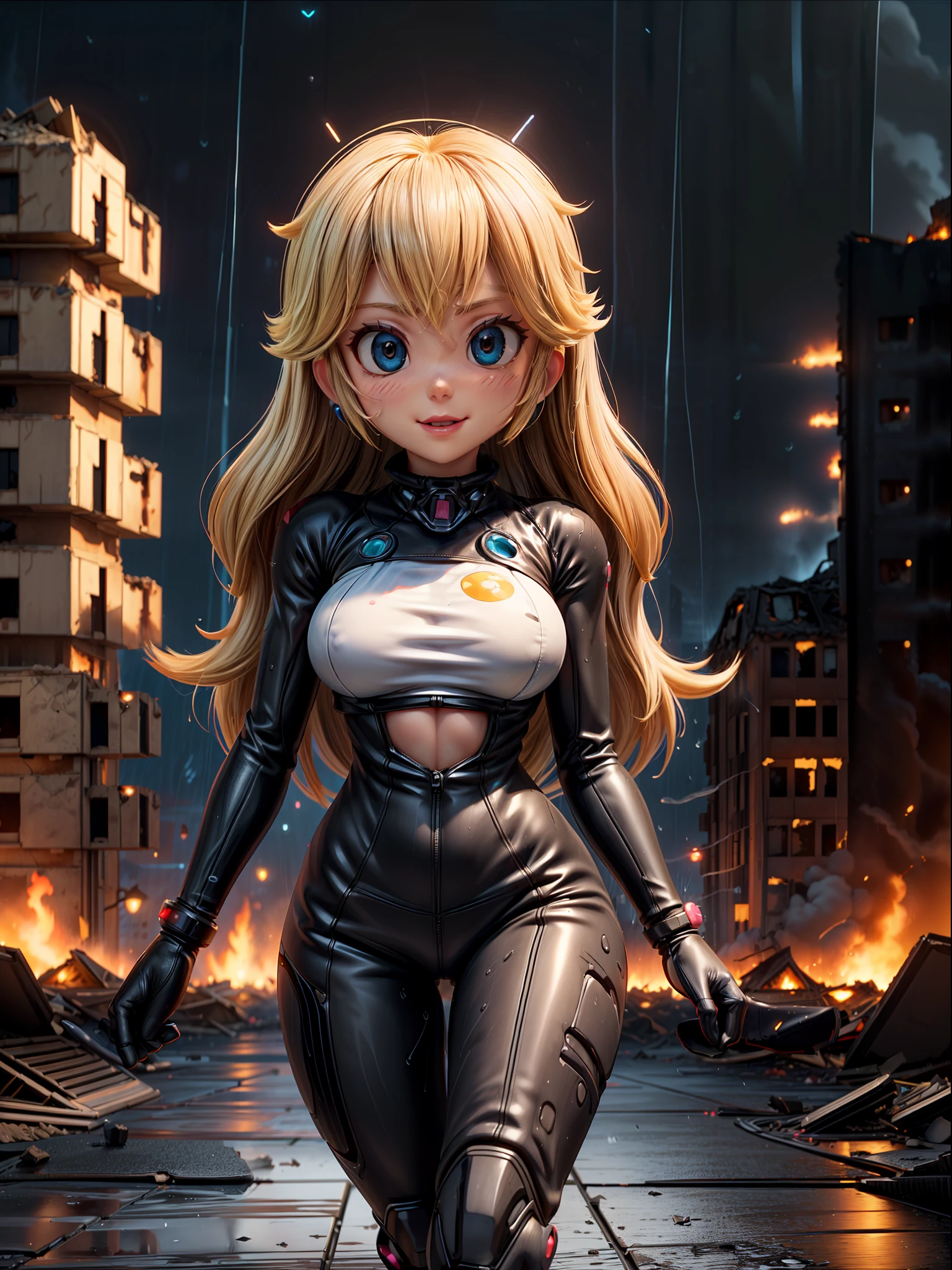 ((Ful  body):2), {((Only one woman):1.2)}:((Wearing all black Samus Aran cyber suit with neon parts, extremely tight on the body):1.2), ((has extremely tight breasts): large):1.2),  (is looking at the viewer, making erotic poses, giving a small and simple smile):1.2). ((Totally destroyed alien city with burning buildings, it's night, raining hard):1.5), anime, anime style, 16k, UHD, masterpiece, high quality, high details