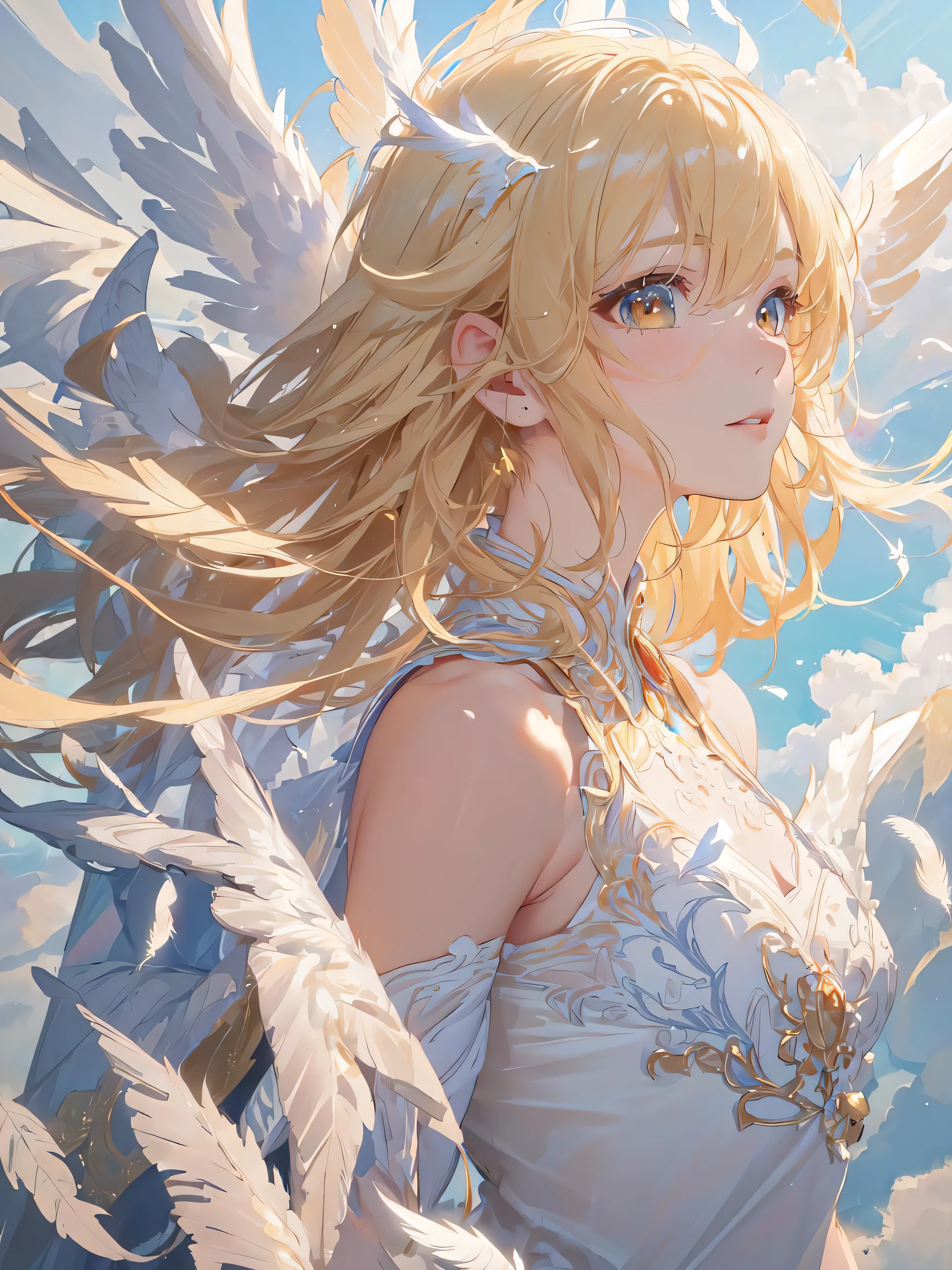 (masterpiece:1.2), best quality, (ultra-detailed:1.2), (detailed background:1.1), (beautiful detailed face:1.3), high contrast, (best illumination:1.2), (cinematic light:1.2), colorful, hyper detail, dramatic light, intricate details, (1 girl:1.1), (blond hair:1.3), (angel wings:1.2), (descending from the clouds:1.2), (dynamic angle:1.1), (flowing dress:1.2), (ethereal glow:1.2), (white feathers:1.2), (depth of field:1.1), (clouds in background:1.1), cowboy shot.