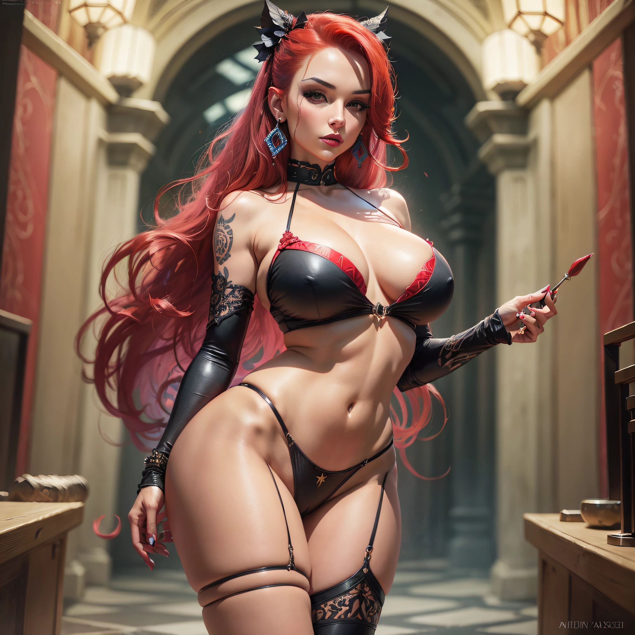 upper body of a woman with the face of Satine Phoenix, detailed beauty portrait, sensual 8K lighting, 8K portrait rendering, professional artwork, Intricate Details, field of view, sharp focus, detailed painting, masterpiece, cinematic lighting, trending on pixiv, (vivid lighting, vibrant colors, (mature female, milf:1.1), solo, (curvy:1.1), (red hair:1.05), vibrant color, long hair, lipstick, makeup, ultra detail hair, ultra detail face, perfect eyes, perfect face, earrings, (confused, blush:1.2), bikini, (Large Breasts:1.1), Cleavage, big ass, thighs, curvy figure --auto --s2