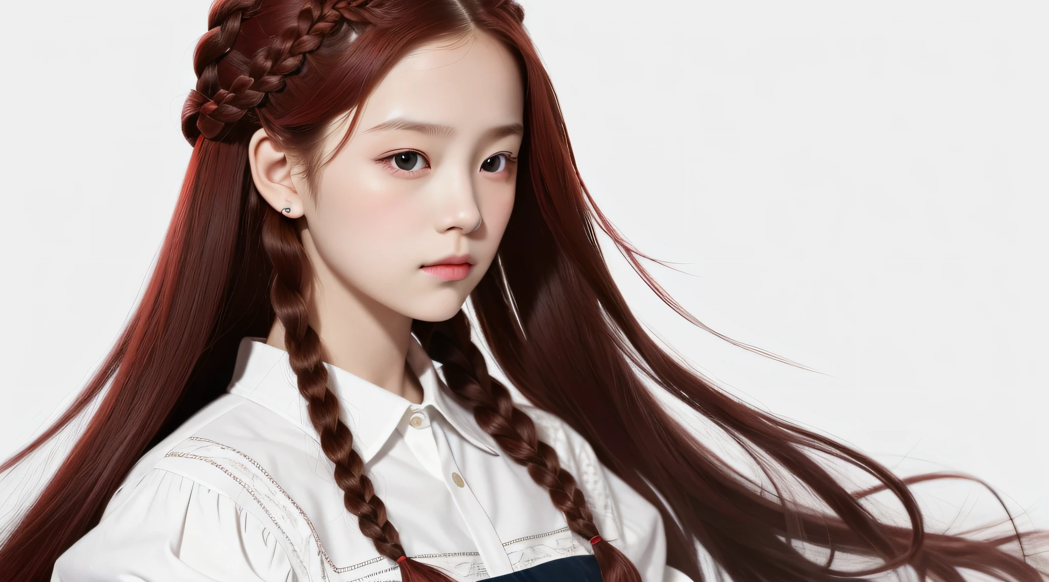 masterpiece, best quality, realistic, girl hair RED OF BRAIDS , long hair, broad shoulders, small head, upper body, (white background: 1.3), mouth closed.