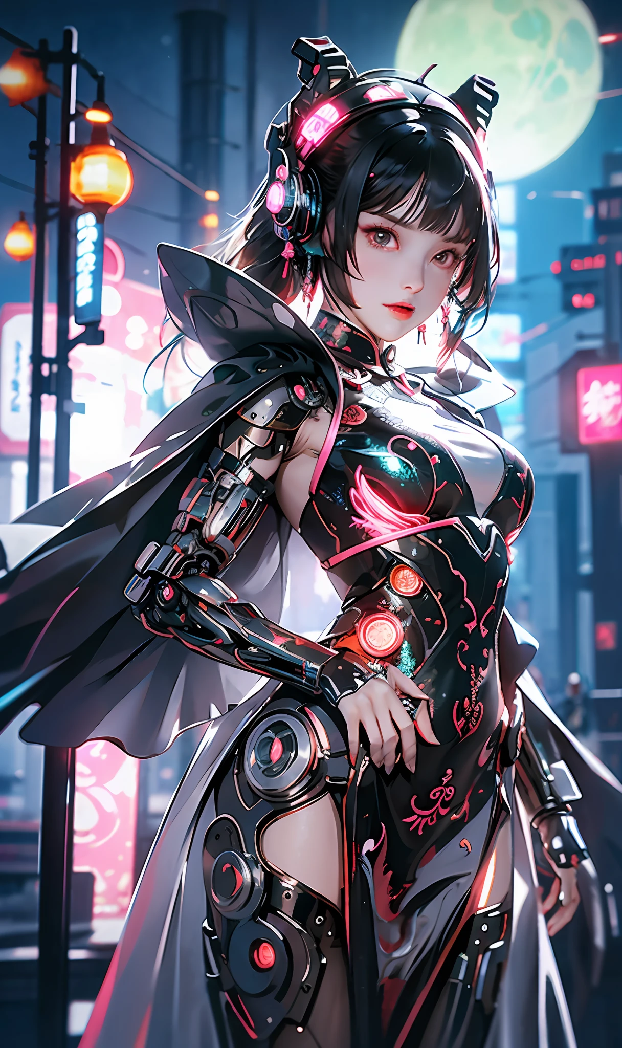 1 girl, Chinese_clothes, metallic black titanium and pink, cyberhan, cheongsam, cyberpunk city, dynamic pose, detailed luminescent headphones, luminous hair accessories, long hair, luminous earrings, glowing necklace, cyberpunk, high-tech city, full of mechanical and futuristic elements, futuristic, technology, glowing neon, pink, pink light, sexy skirt, translucent black cape, laser light, digital background urban sky, big moon, with vehicle, best quality, masterpiece, 8K, Character edge light, super high detail, high quality, the most beautiful woman in human beings, smile, face facing front and left and right symmetry, ear decoration, long antenna glow, beautiful pupils, light effects, visual data, silver-red-orange hair dyed hair, ultra-detailed facial texture, happy, weapon system, crowded street passers-by, mecha style, head-mounted luminous antenna, injector