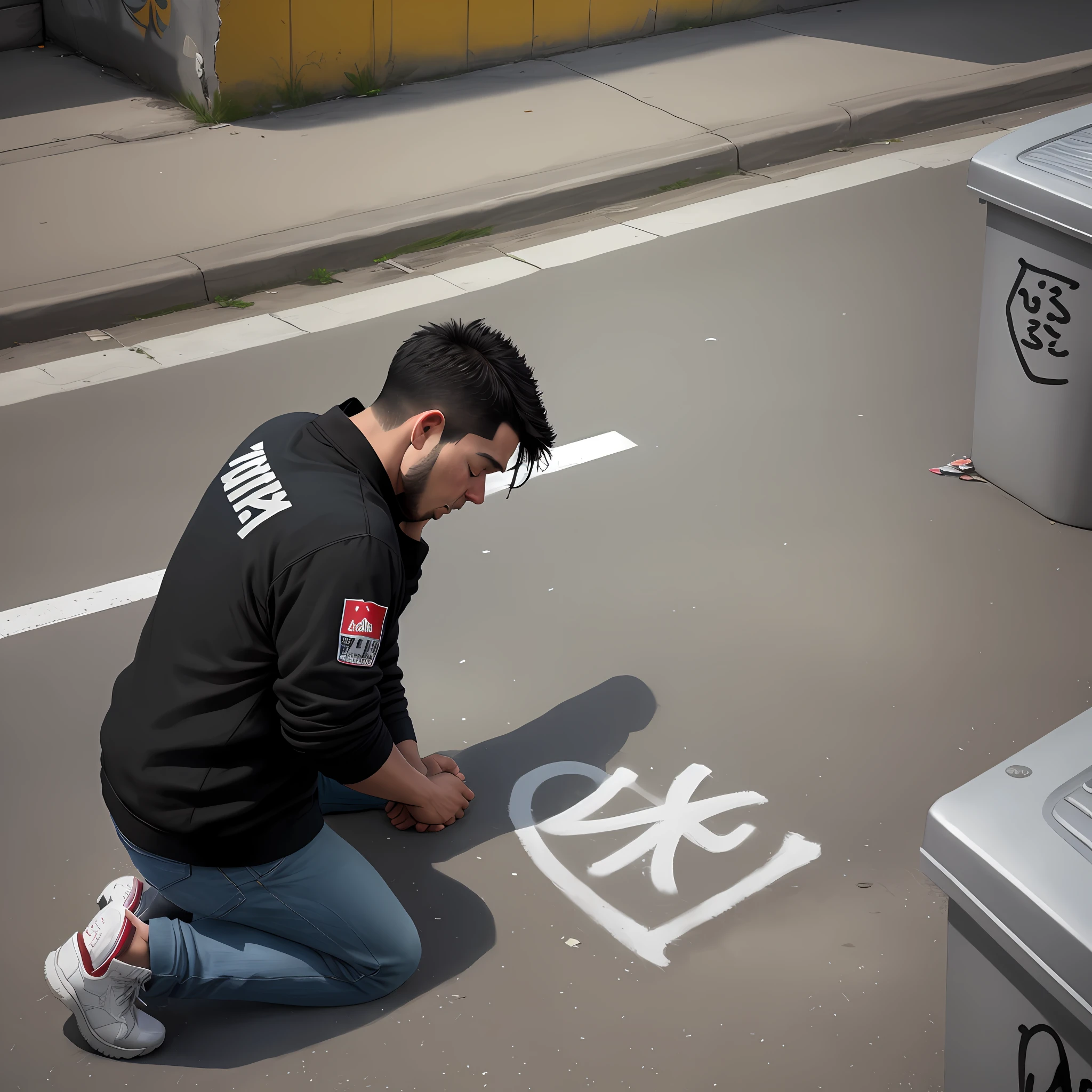 a man prostrate, praying, repentant, kneeling, in a dead end, perspective, graffiti on the wall, written ((without love I would be nothing)), a play, a play, a man, in perspective, kneeling, praying, crying, expression, perspective from the bottom up, garbage cans around, garbage, details, no malfunctions, no defects.