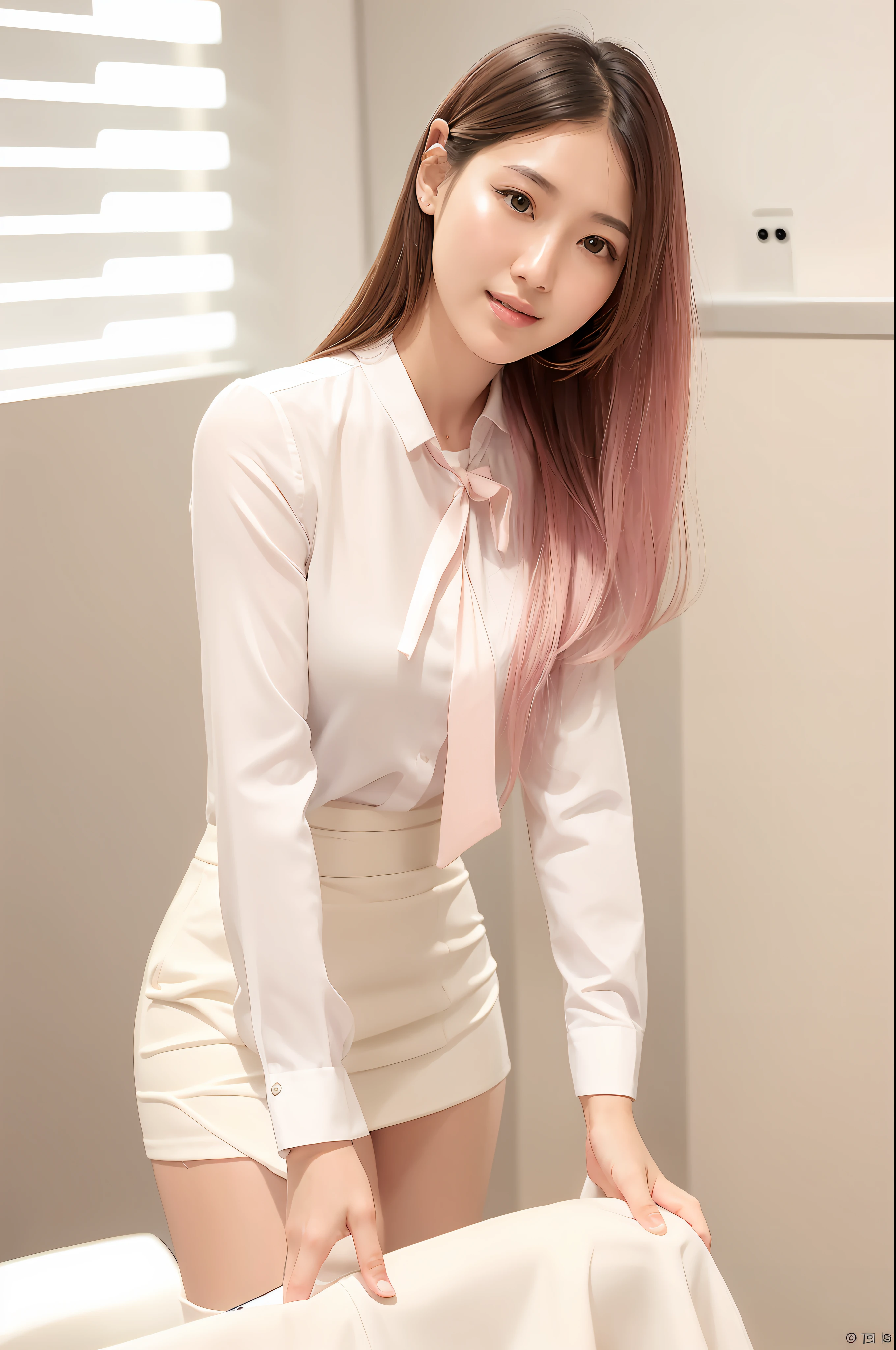 arafed asian woman in a white shirt and pink skirt posing for a picture, wearing a blouse, white blouse, fine white shirt, elegant slim beige shirt, office clothes, wearing a white blouse, korean women's fashion model, cream colored blouse, gorgeous young korean woman, smooth white tight clothes suit, korean woman, beautiful south korean woman, korean girl