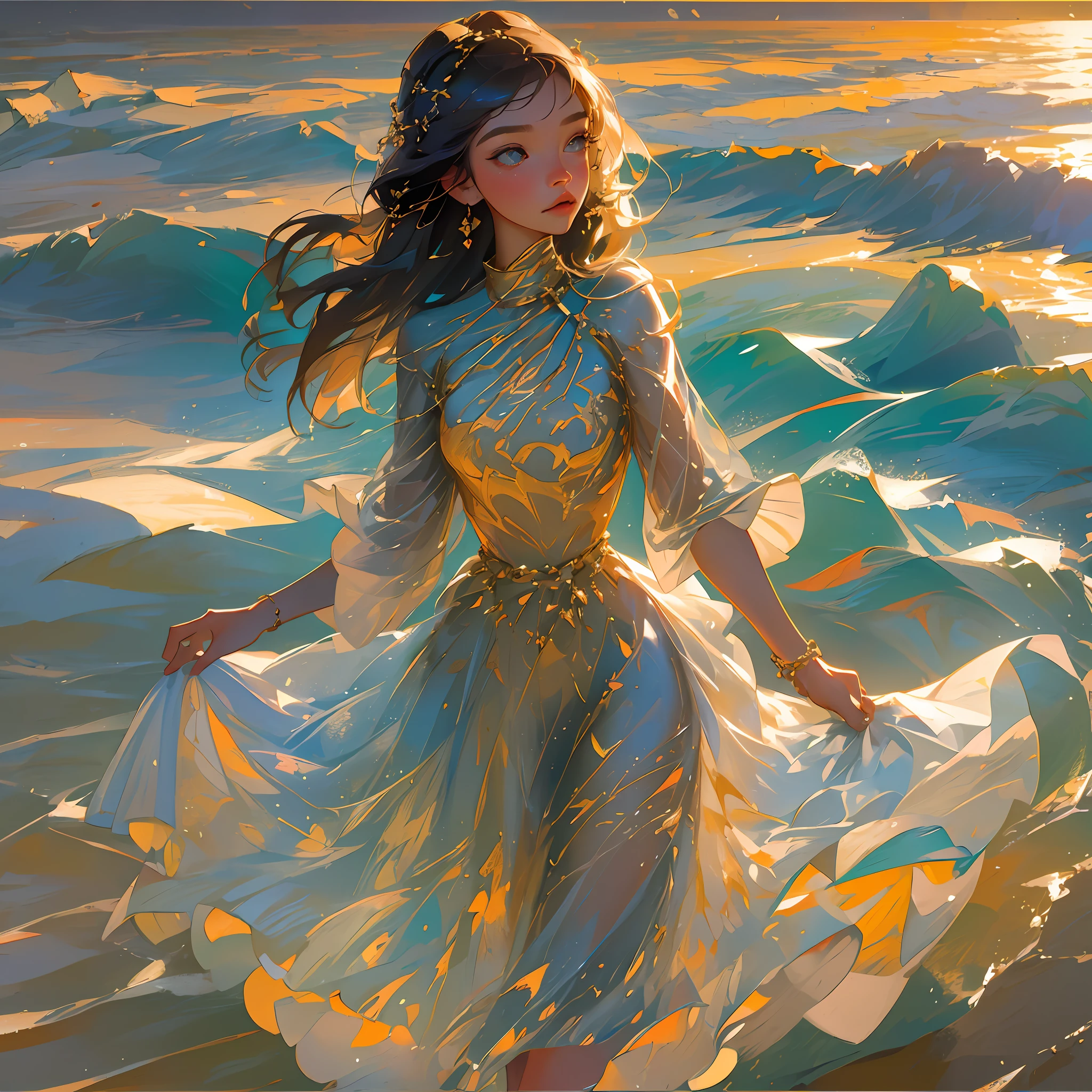 ((best quality)), ((masterpiece)), [detailed] depiction of a young girl — standing on a sandy beach — mesmerized by the setting sun — (realistic:1.1), (Joaquín Sorolla:1.2), [golden hour lighting], flowing dress, [gentle breeze], (oil painting:1.1) --auto --s2