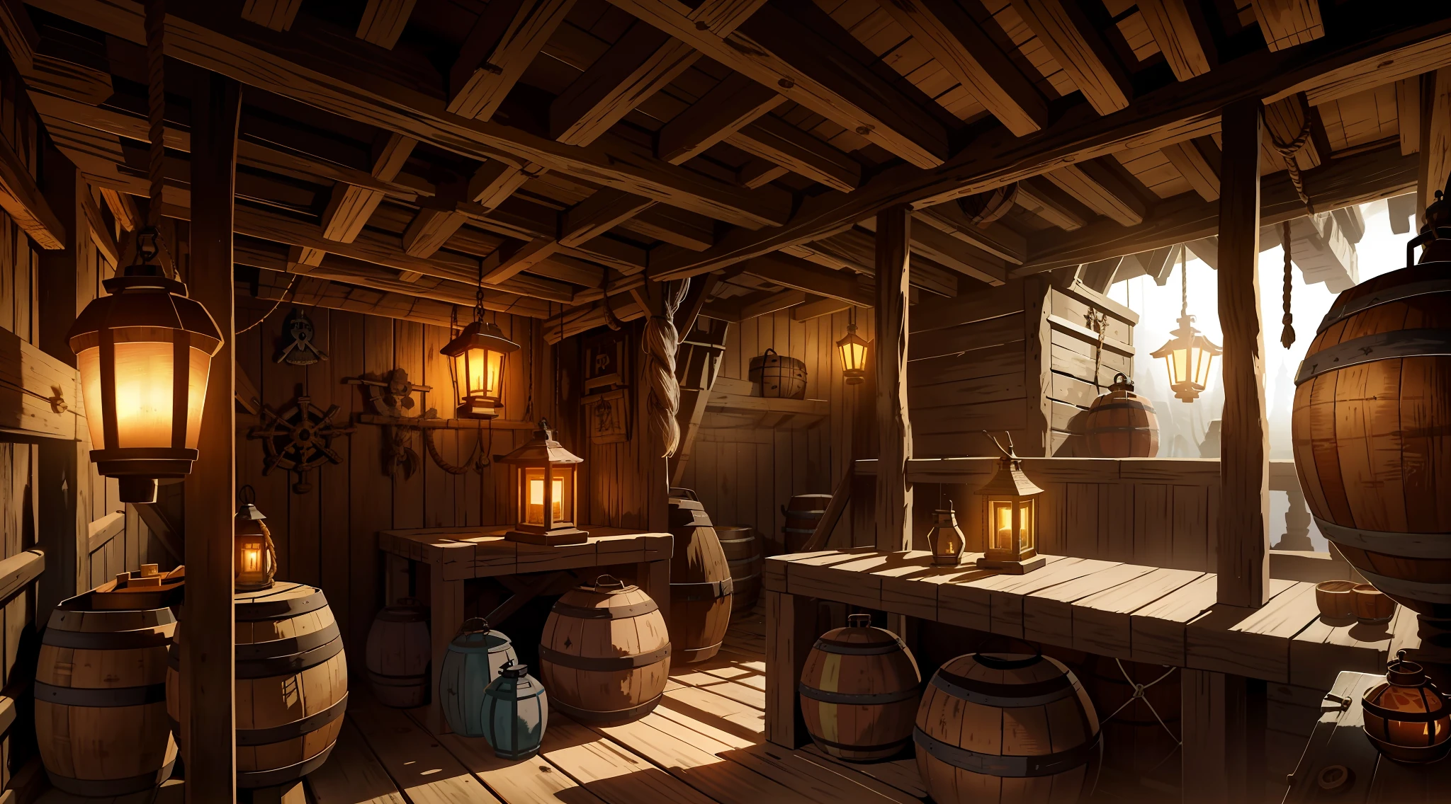 A room inside a pirate ship, Weathered and rugged, wooden planks, Dimly lit, with flickering lanterns, morning, dappled lighting, ropes, barrels, crates, maps, compasses, Wallpaper, highly detailed, anime landscape