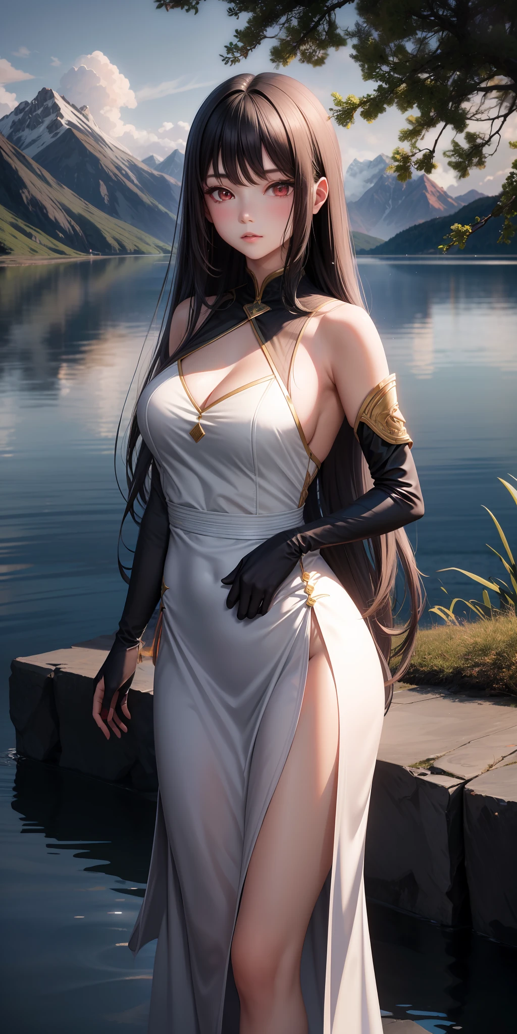 1 girl, serene expression, mesmerizing eyes, long straight hair, flowing dress, balanced posture, porcelain skin, subtle blush, (rim lighting): 1.2, warm tones, sun reflection, soft shadows, vibrant colors, pictorial effect, dreamy atmosphere BREAK scenic lake, distant mountains, willow, calm water, reflection, sunlit clouds, tranquil environment, idyllic sunset, ultra detailed, official art, 8k unit wallpaper, black hair, dress, red eyes, ninja, gothic, large breasts, neckline, slits