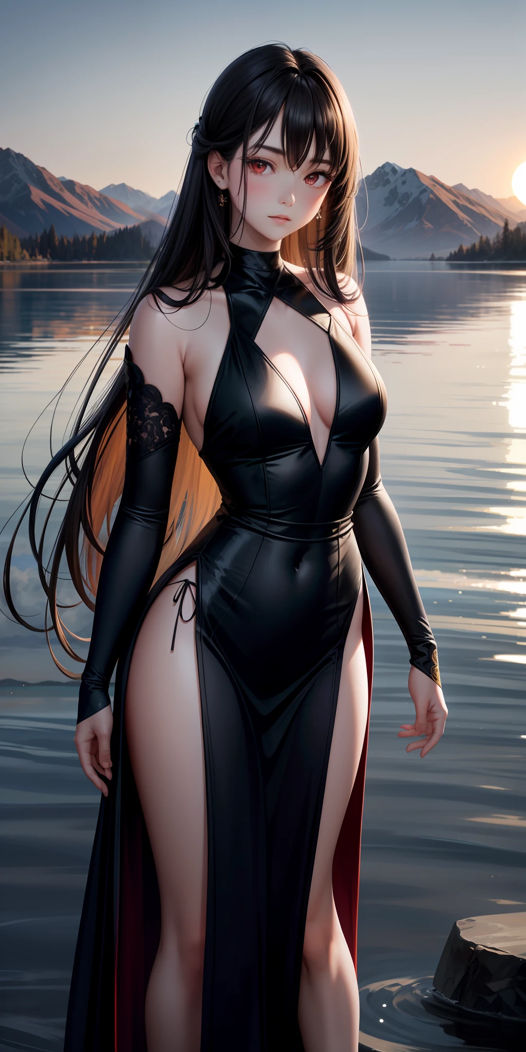 1 girl, serene expression, mesmerizing eyes, long straight hair, flowing dress, balanced posture, porcelain skin, subtle blush, (rim lighting): 1.2, warm tones, sun reflection, soft shadows, vibrant colors, pictorial effect, dreamy atmosphere BREAK scenic lake, distant mountains, willow, calm water, reflection, sunlit clouds, tranquil environment, idyllic sunset, ultra detailed,  official art, 8k unit wallpaper, black hair, dress, red eyes, ninja, gothic, large breasts, neckline, slits
