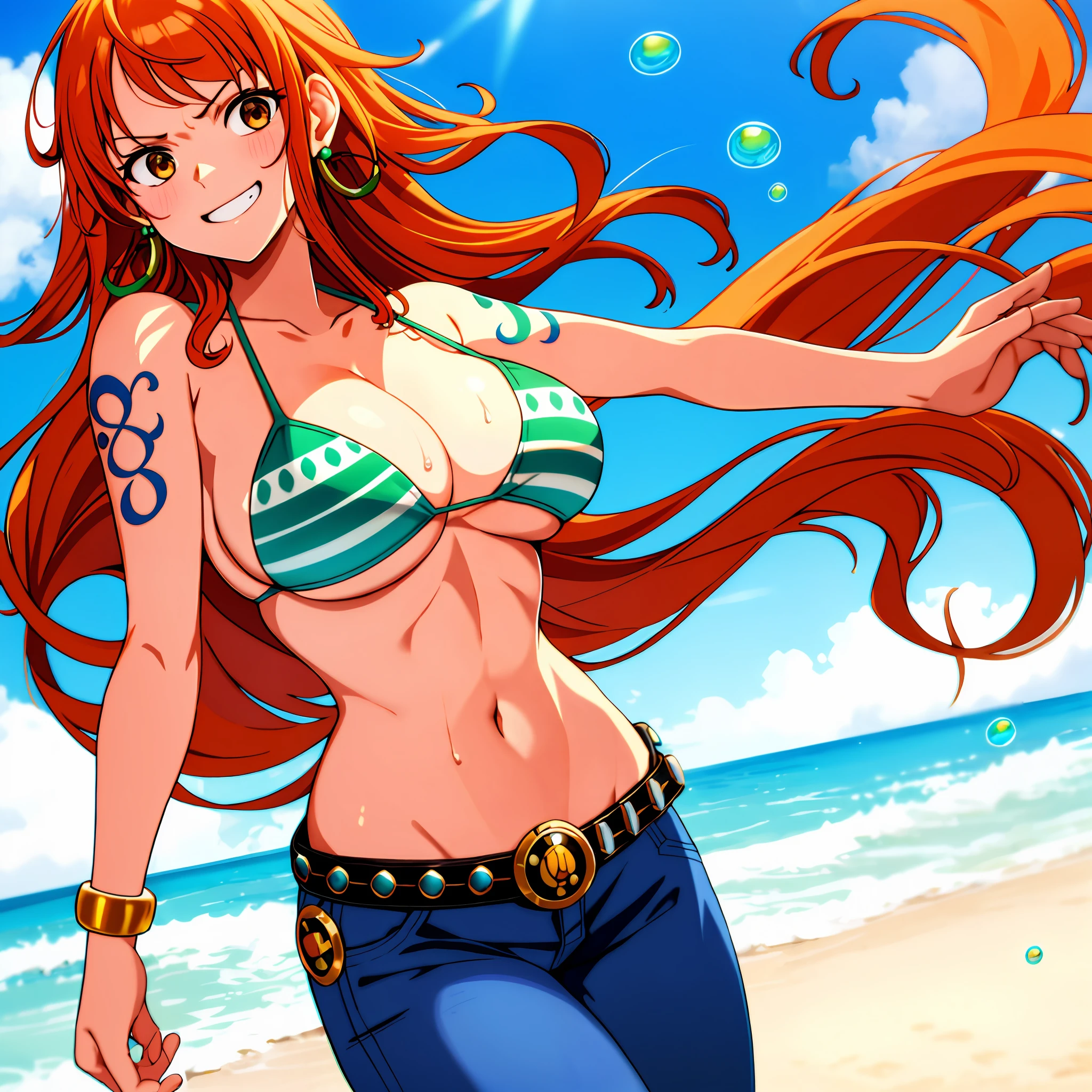 nami \(one piece\),
1girl, bangle, bangs, bare shoulders, belt, bikini, bikini top only,  bracelet, breasts, brown eyes, bubble, cleavage,  denim, earrings, floating hair, green belt, green bikini, groin, jeans, jewelry, large breasts, long hair, looking at own body, navel, orange hair, pants, shoulder tattoo, sidelocks, sky, smile, solo, stomach, swimsuit, tattoo, angry, grabbing own breasts, sweaty, shy, flusttered,
, ((masterpiece))