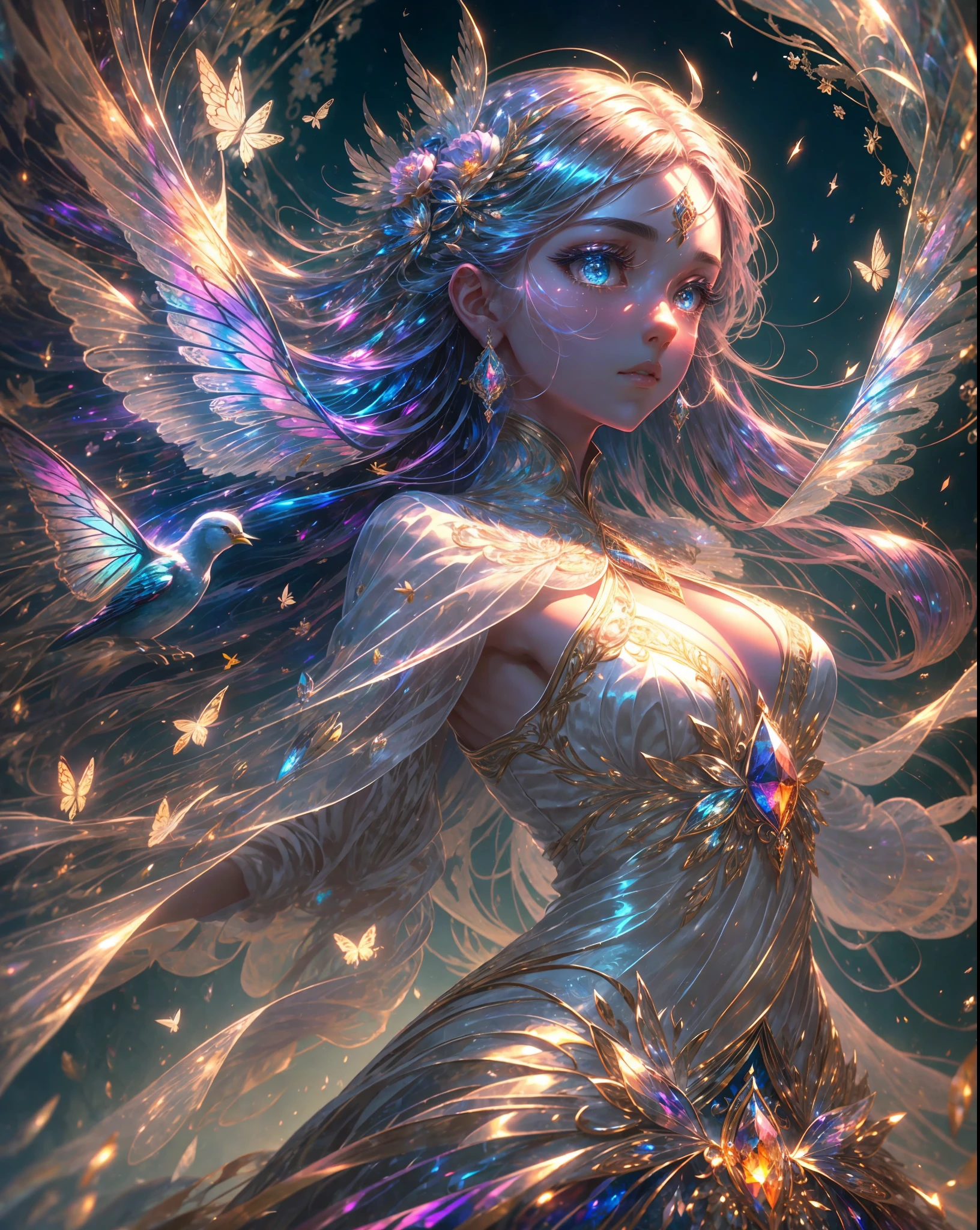 (((masterpiece))), (((best quality))), ((ultra-detailed)),(highly detailed CG illustration), ((an extremely delicate and beautiful)),cinematic light, Create a stunning fantasy artwork that mimics the style of currently trending masters of the genre. The art piece should contain elements of both mythic fantasy and fairytale fantasy with colorful accents. The character in the artwork is a delicate but strong figure with an aura of mystery and magic. The character should be petite with subtle breasts. Pay close attention to intricate facial features, such as mesmerizing eyes with vibrant colors and delicate shading. The character's clothing should be designed with gossamer feathers, silk, stunning embroidery, and subtle iridescent details. Incorporate vibrant colors, dynamic lighting, and detailed background elements to create a sense of awe and immersion. Include colorful flying magical birds and jewel-toned butterflies radiating a magical aura. Consider the latest trends in fantasy art, such as incorporating unique lighting effects, exploring dynamic and compelling composition techniques, and experimenting with unique color palettes. Take inspiration from the top artists on ArtStation and Midjourney. Camera: Choose an angle that highlights the character's beauty and enhances the magical majesty of the artwork. Lighting: Utilize atmospheric lighting techniques to create depth and mood. Resolution: Aim for a high-resolution artwork to showcase intricate details and clarity. Art Inspirations: Seek inspiration from the trending artists on ArtStation, exploring different styles, genres, and themes.