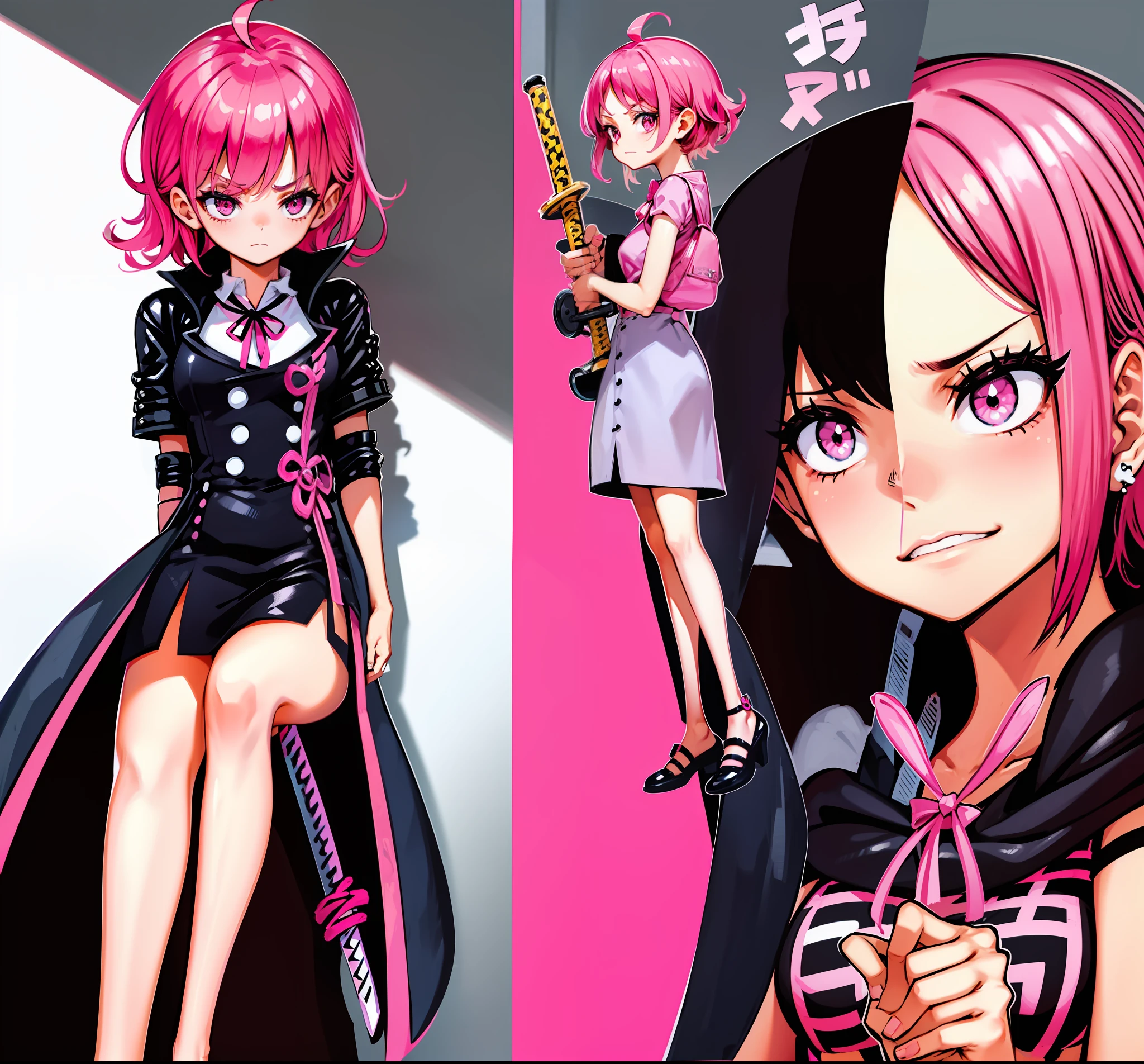 1girl, pink hair, short hair, black and pink clothes, flat, pink eyes, mean, short, sitting, angry, bored, sword, red ribbon