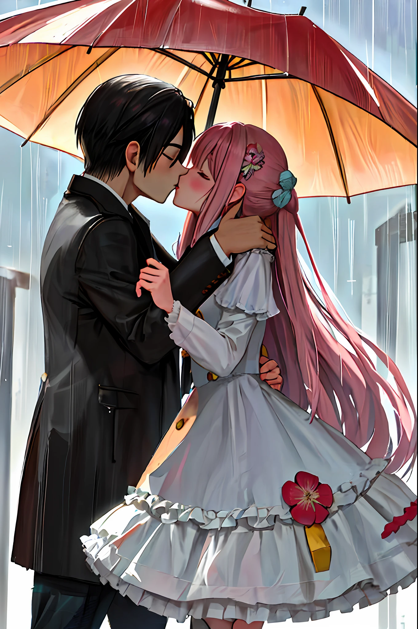 A couple kissing under an umbrella in the field, kissing is a wordless spell, rainy day, in the rain, kiss together cutely, stand in the rain, kiss together, rain background, rain falling, rain, people holding umbrella anime couple kissing in a flower field, photo of Lee Jeon-seok, Tumblr, series of art, cute kissing together, Guvez style artwork, manga, art style of bovoort, high-quality fan art, cute, cute kiss, cute couple, art trend, couple pose, kiss together, 🍁 Highly detailed and refined fanart