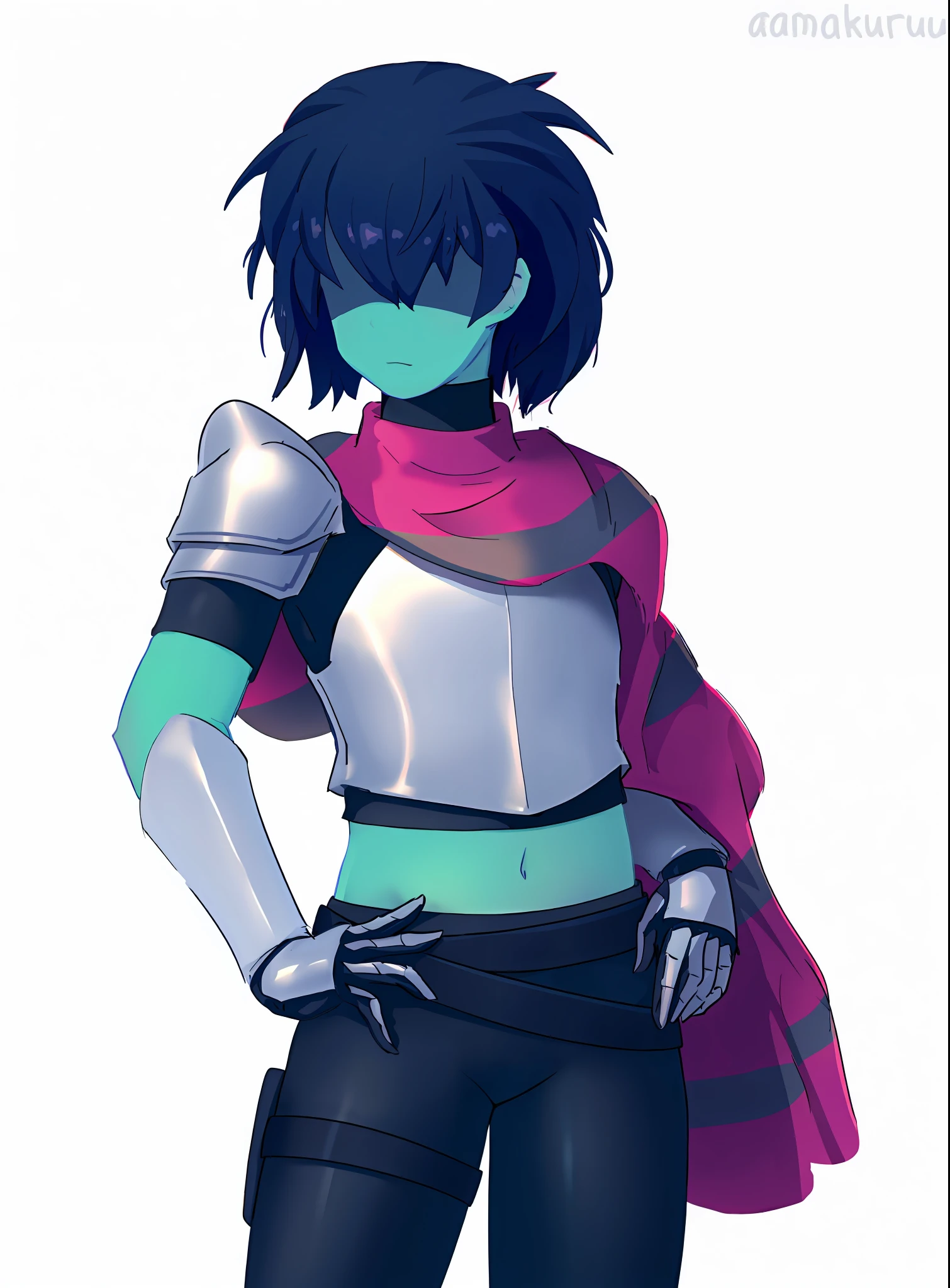 dark blue hair, blue skin, pink striped cloth, armor, dark pants, expressionless, hd, highres