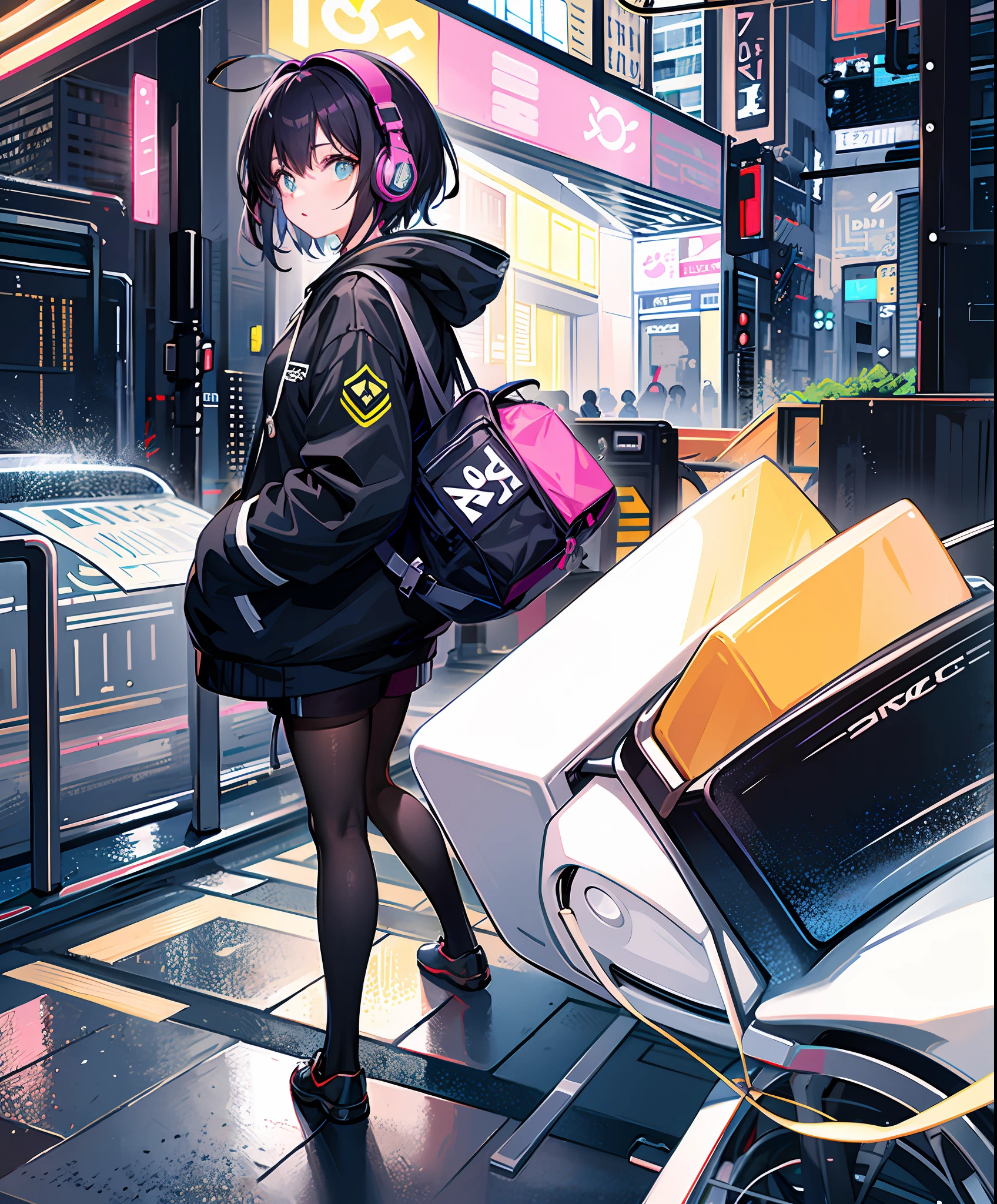 masterpiece,1girl,solo,incredibly absurdres,hoodie,headphones, street,outdoors,rain,neon lights,