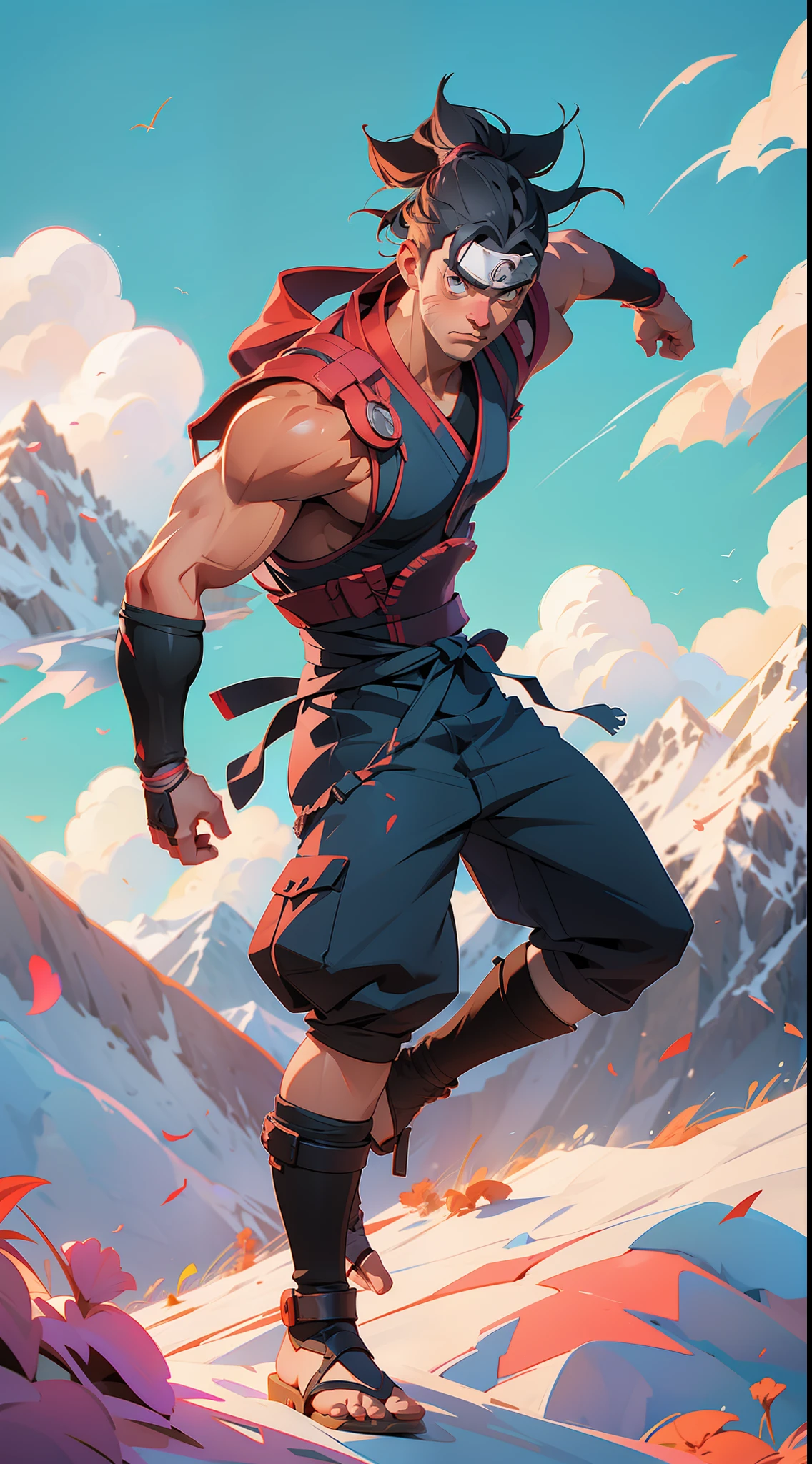 naruto shipuden character super stong bodybuilder berserk mode concept , full body, (((in the background mountains and a beautiful sky))), colored,, wide angle, super highly detailed, professional digital painting, artstation, concept art, smooth, sharp focus, no blur, no dof, extreme illustration, Unreal Engine 5, Photorealism, HD quality, 8k resolution, cinema 4d, 3D, beautiful, cinematic