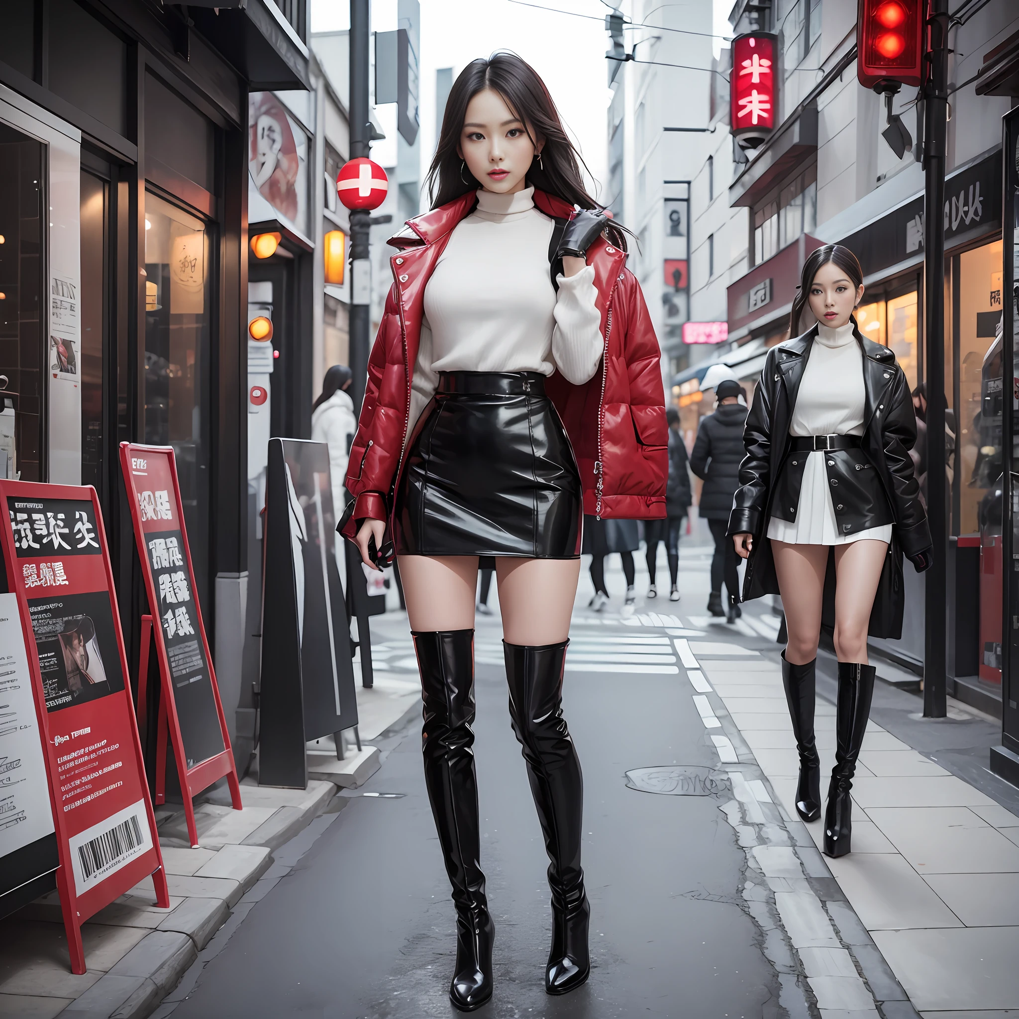 A woman in a white top and black boots standing on the street, Chinese female fashion model, white fluffy clothes, short skirt and long jacket, Japanese city street fashion, black pink Rosan Park, she wears streetwear, Japanese street fashion, Tokyo fashion, street dress woman in jacket and skirt, street fashion, Harajuku street fashion, beautiful woman walking in the wind, black gloves, over-the-knee red boots, tall, long legs, perfect body proportions, thin waist, black suspender stockings, tall, Slender body, nine-headed body, big eyes, beautiful and exquisite face, perfect body details, perfect body proportions, perfect visual proportions, fashion shooting, glamorous, feminine, delicate, highlighting female curves, subtext: sexy, confident. Chinese woman --auto --s2