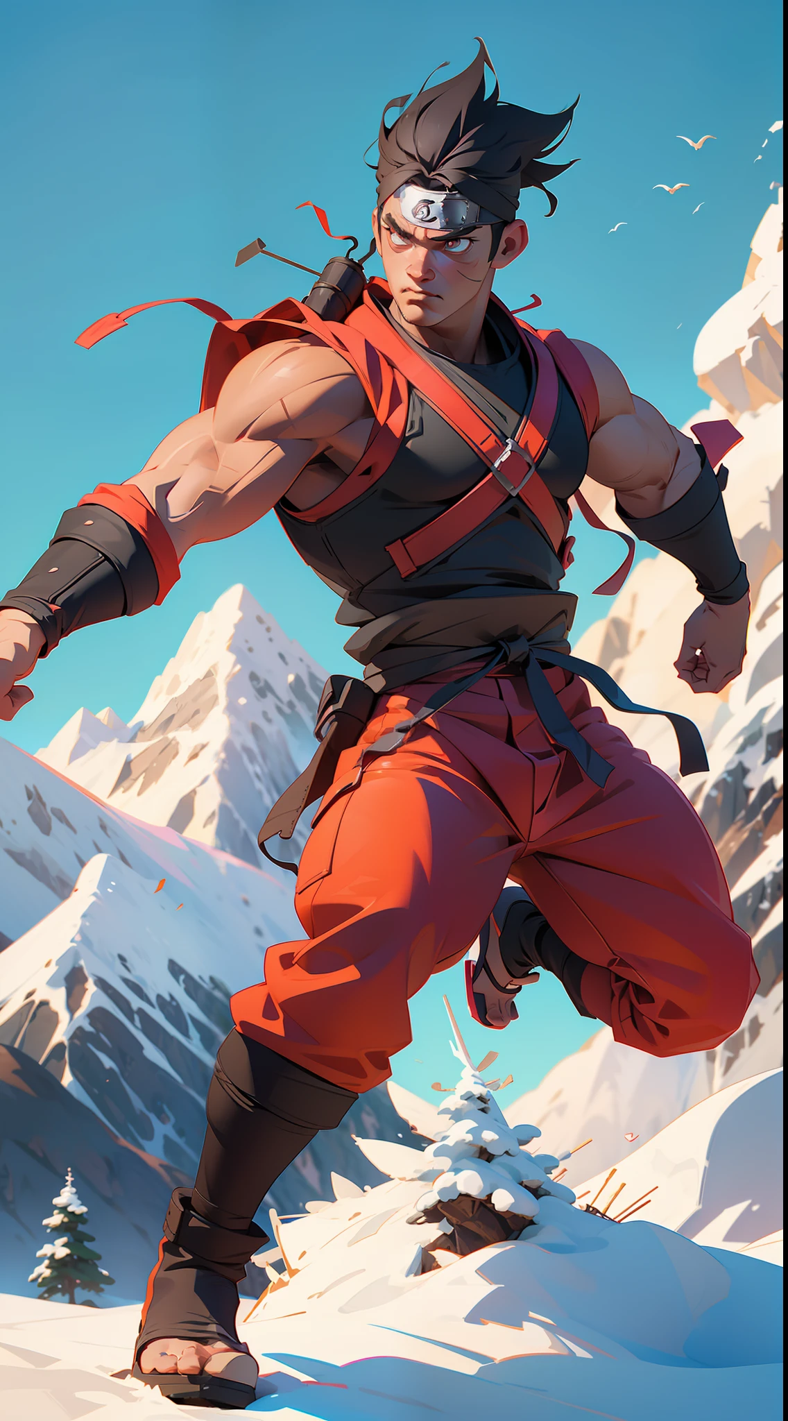 naruto shipuden character super stong bodybuilder berserk mode concept , full body, (((in the background mountains and a beautiful sky))), colored,, wide angle, super highly detailed, professional digital painting, artstation, concept art, smooth, sharp focus, no blur, no dof, extreme illustration, Unreal Engine 5, Photorealism, HD quality, 8k resolution, cinema 4d, 3D, beautiful, cinematic
