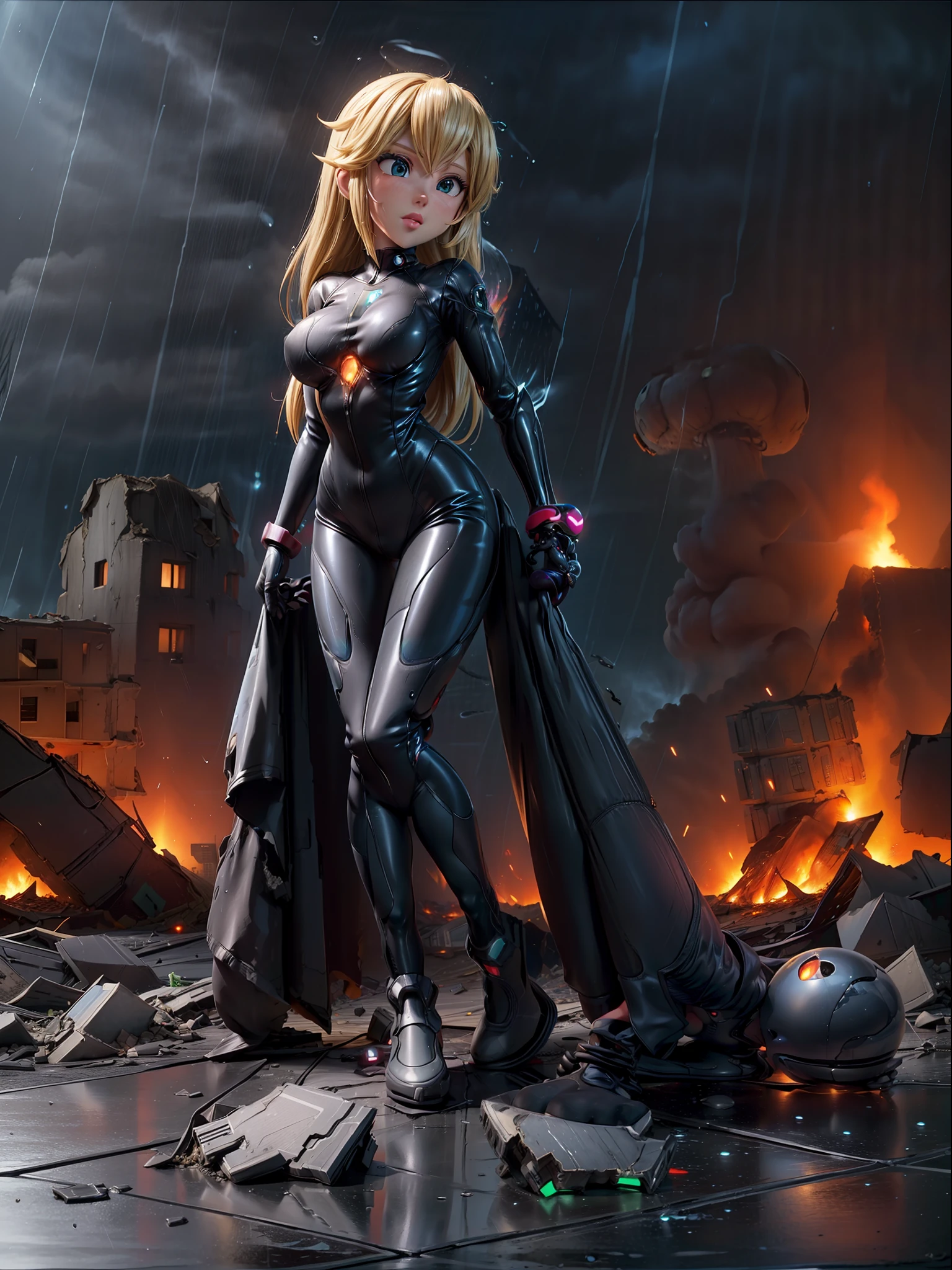 ((Full body):2), {((Only one woman):1.2)}:((Wearing all black Samus Aran cyber suit with neon parts, extremely tight on the body):1.2), ((has extremely tight breasts): large):1.2),  (is looking at the viewer, making erotic poses, giving a small and simple smile):1.2). ((Totally destroyed alien city with burning buildings, it's night, raining hard):1.5), anime, anime style, 16k, UHD, masterpiece, high quality, high details