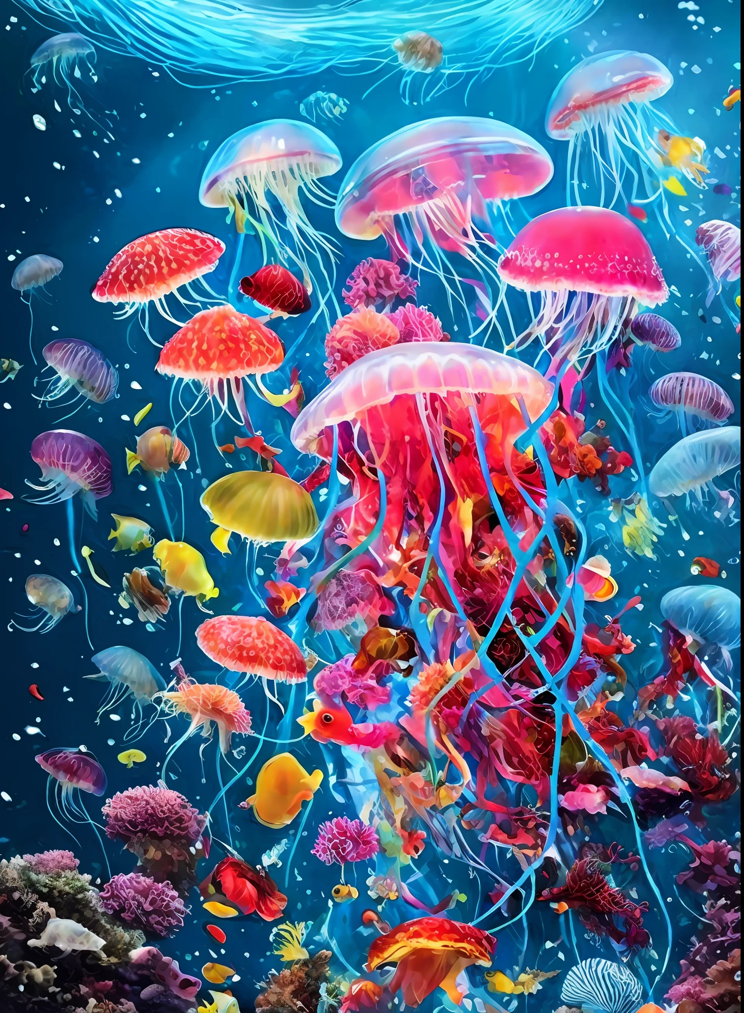 a painting of a jellyfish surrounded by many different fish, hamburger mix jellyfish, tropical sea creatures, jellyfishes, colorful fish, jelly fishes, jewel fishes, jelly fish, underwater life, underwater world, jellyfish temple, incredible depth, under the sea, lisa - frank, amazing depth, sea like jelly, jelly fish dancing, sea creatures, neon jellyfish, jellyfish