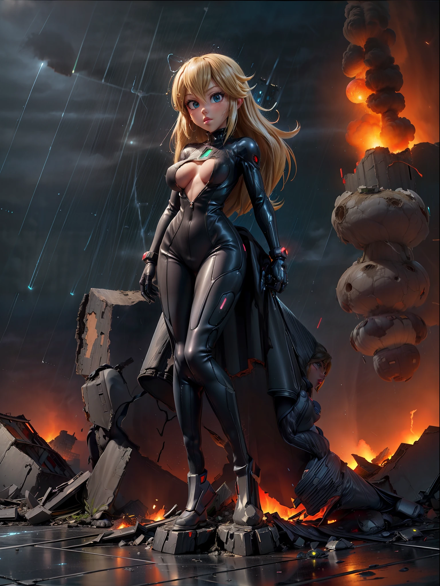 ((Full body):2), {((Only one woman):1.2)}:((Wearing all black Samus Aran cyber suit with neon parts, extremely tight on the body):1.2), ((has extremely tight breasts): large):1.2),  (is looking at the viewer, making erotic poses, giving a small and simple smile):1.2). ((Totally destroyed alien city with burning buildings, it's night, raining hard):1.5), anime, anime style, 16k, UHD, masterpiece, high quality, high details