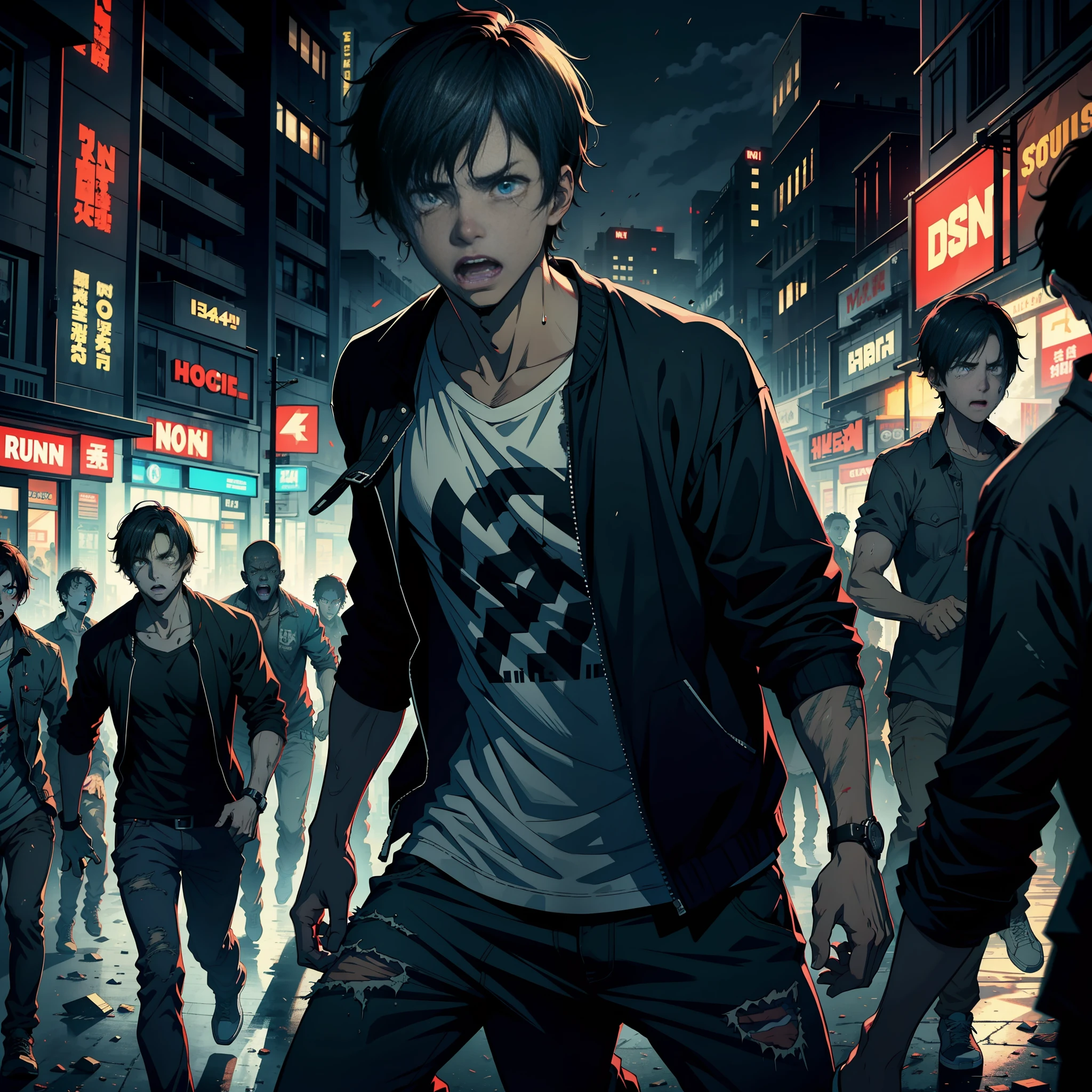 A young man in casual clothes is chased by a group of zombies, messy short hair, desperate expression, tears, corruption, desolation, urban, 8k, high quality, high resolution