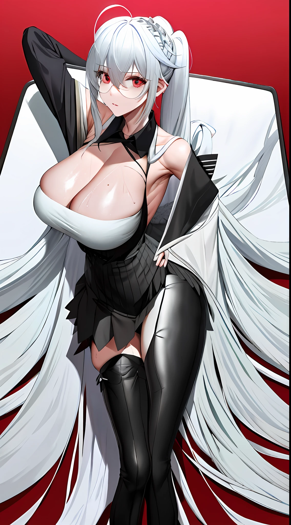 Two-dimensional, white-haired  woman, long hair, double ponytail, tall figure, big chest, uniform, black silk, high heels, thin waist, long legs, thin legs, bare shoulders, bare legs, bare chest, super clear, many details, lying on her stomach, drenched, sweaty