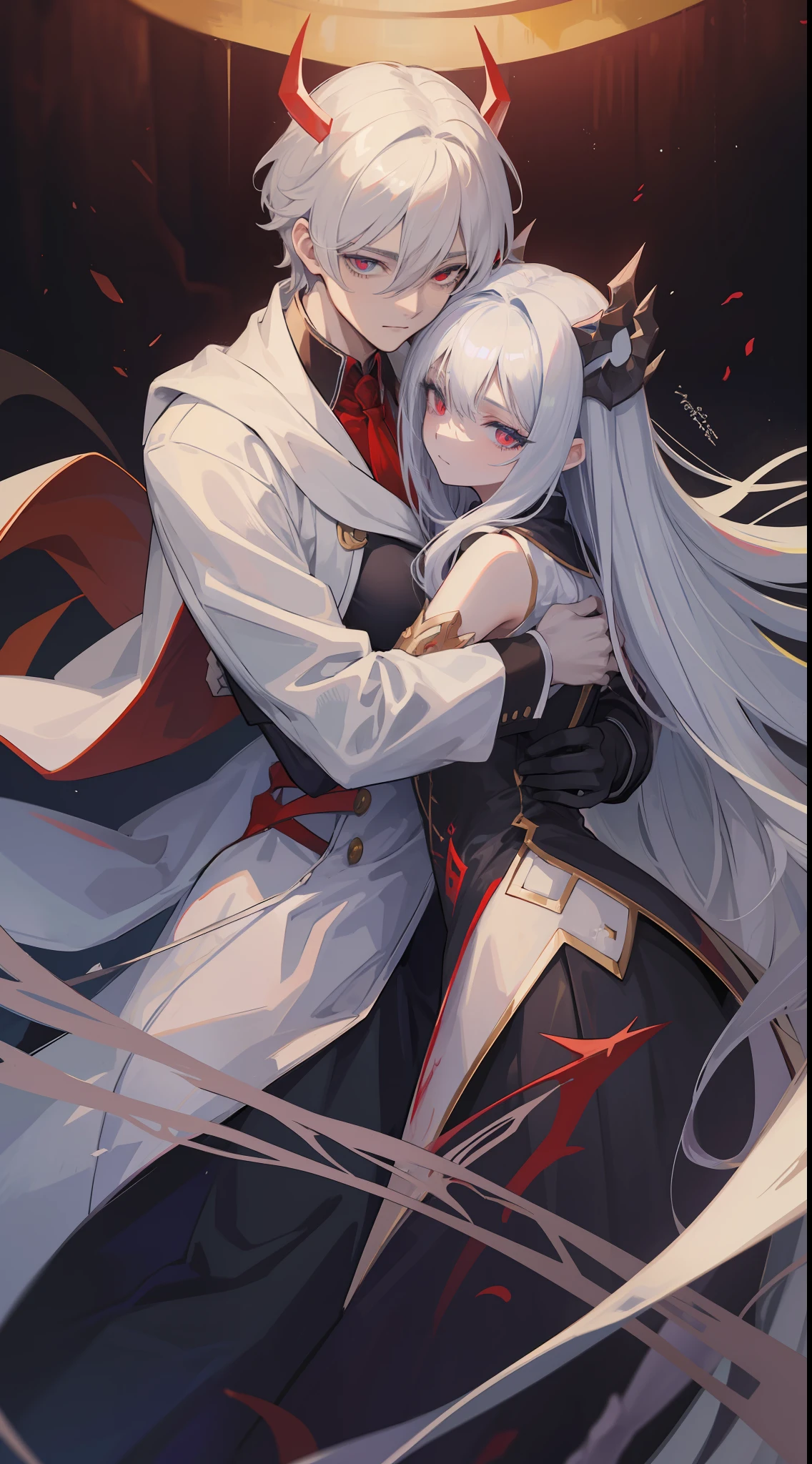 1man, sharp blue eyes with sharp pupils, white sharp hair and he was wearing the demon king robes and hug his red eyes wife((41 year old face))